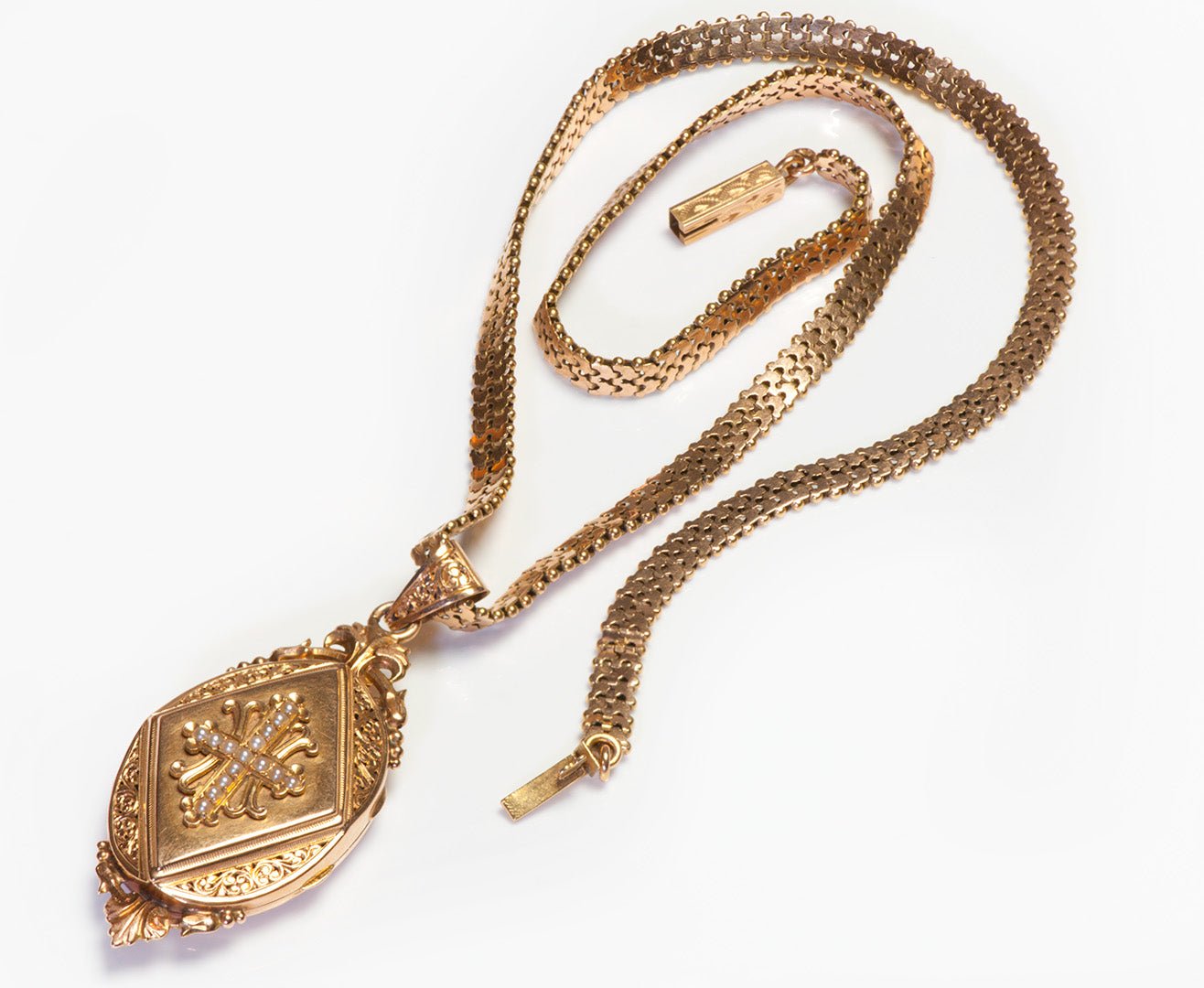 Antique French 18K Gold Locket Pearl Necklace