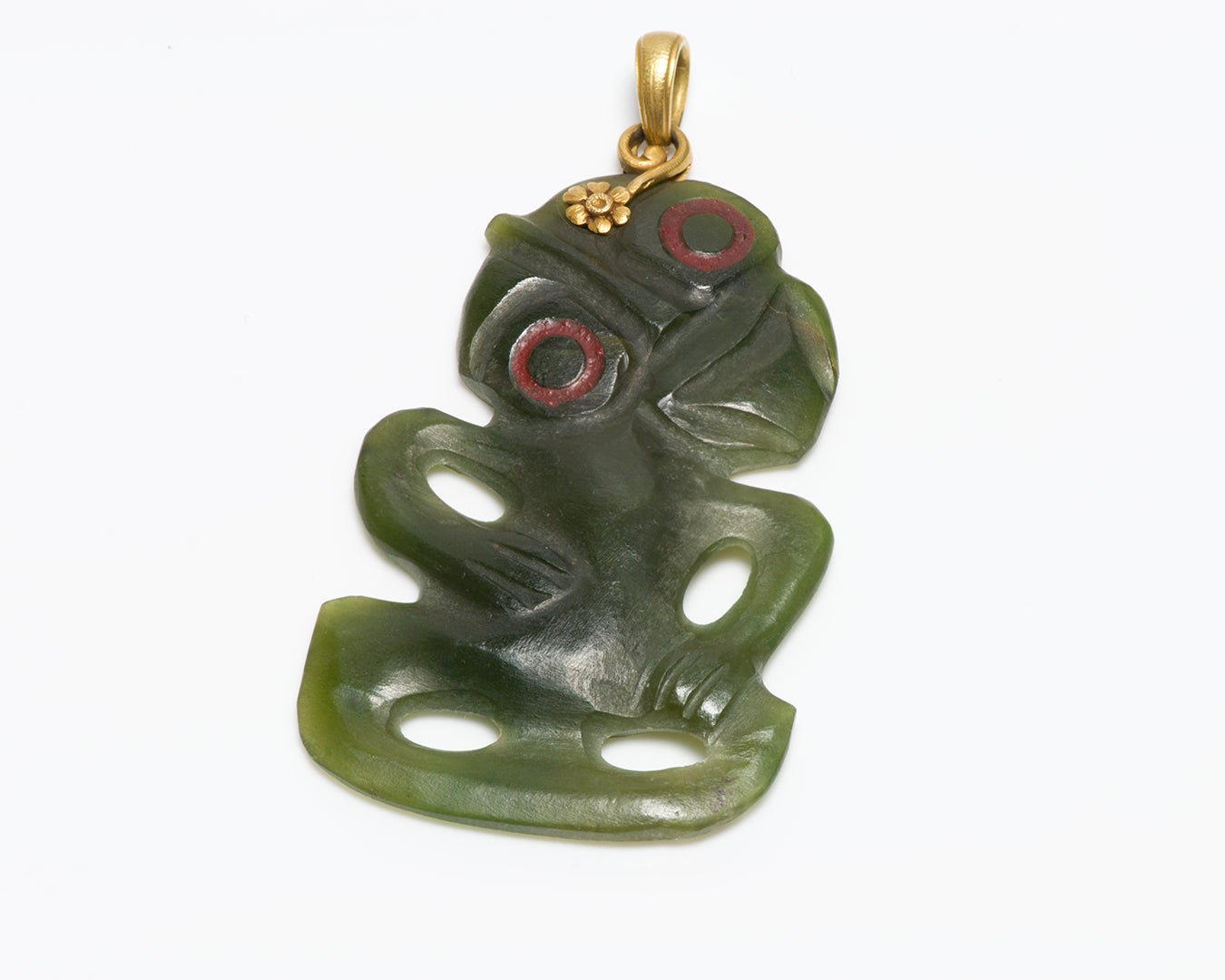 Antique French 18K Gold Maori Hei Tiki Nephrite Jade Pendant