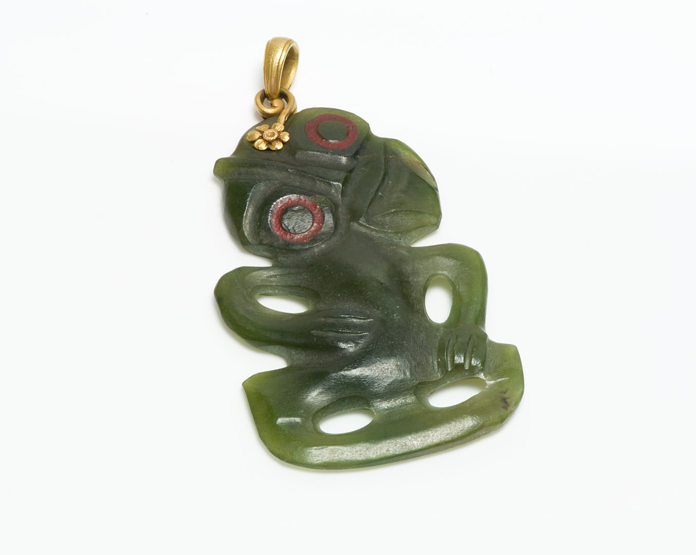 Antique French 18K Gold Maori Hei Tiki Nephrite Jade Pendant