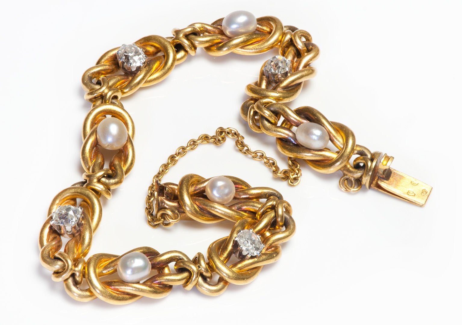 Antique French 18K Gold Old Mine Cut Diamond Pearl Knot Bracelet