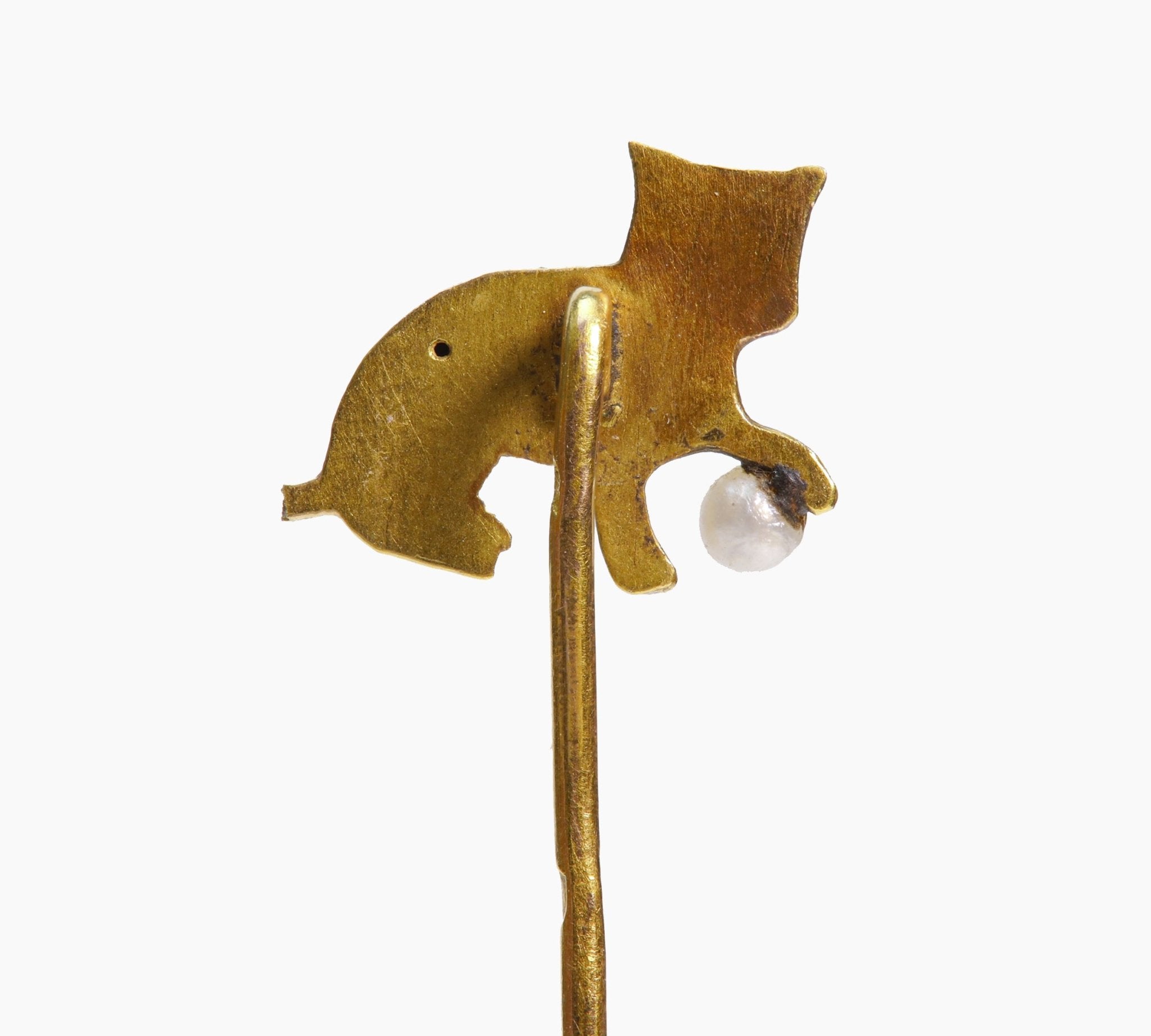 Antique French 18K Gold Pearl Cat Kitty Stick Pin
