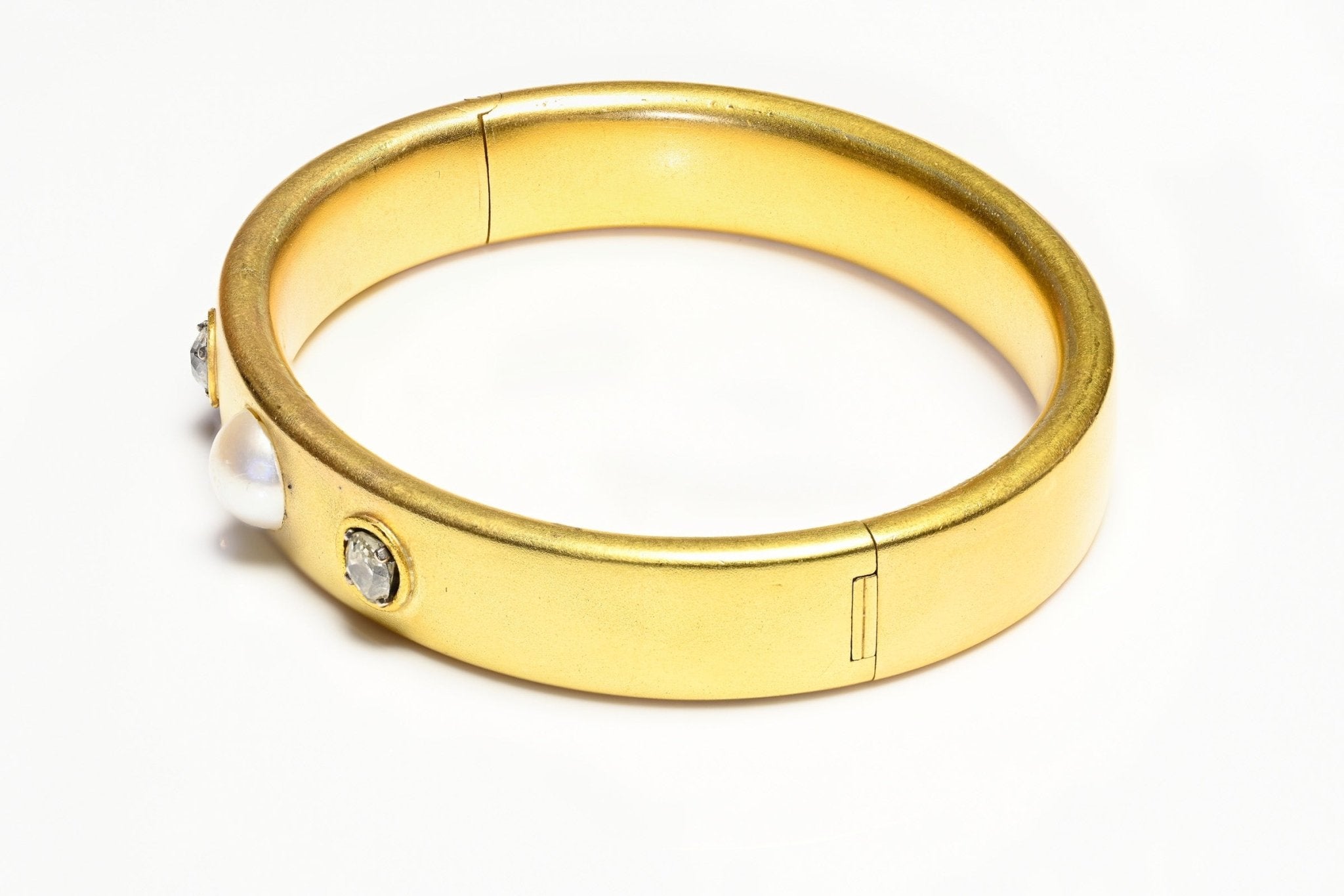 Antique French 18K Yellow Gold Diamond Pearl Bangle Bracelet