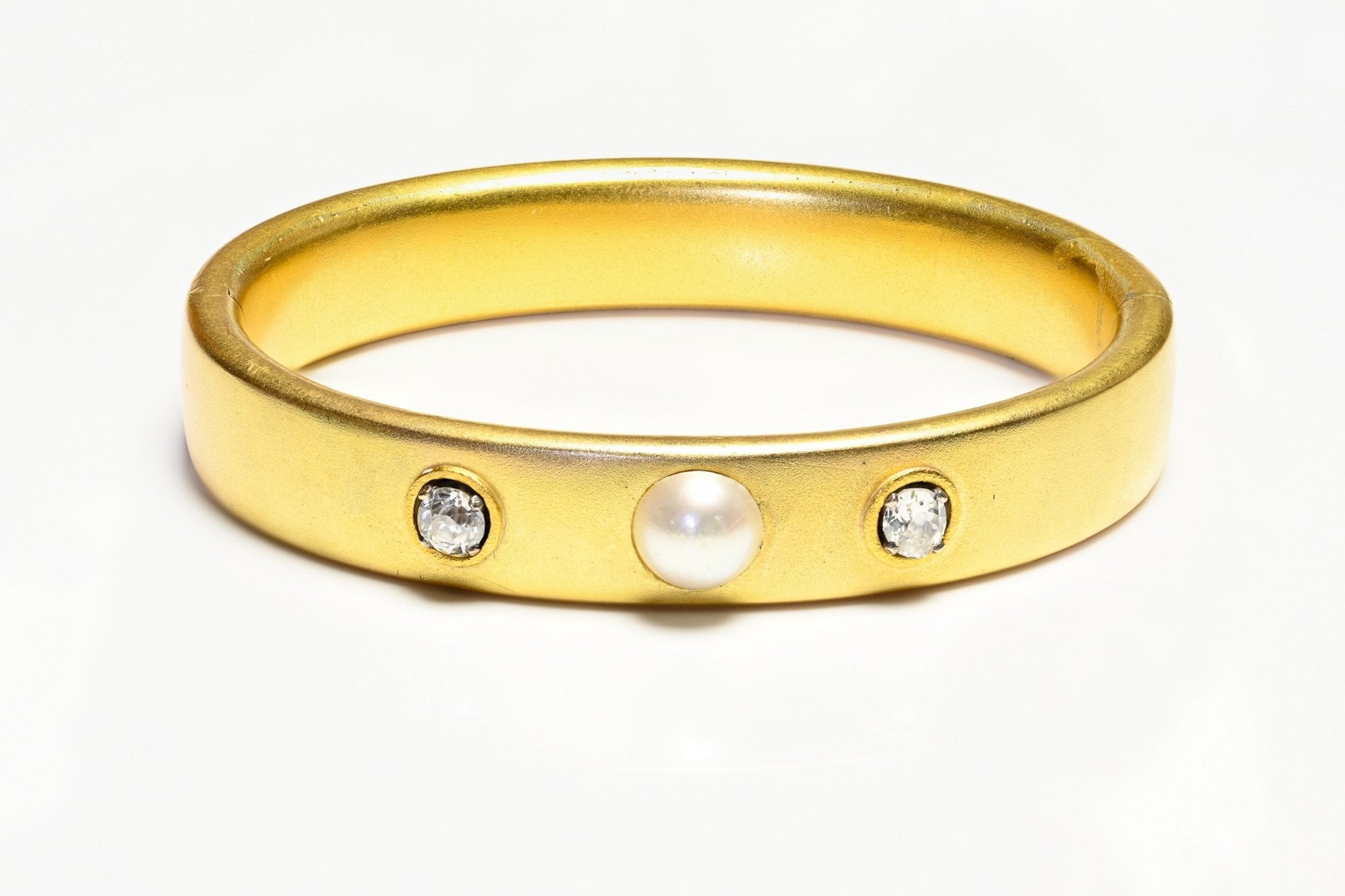 Antique French 18K Yellow Gold Diamond Pearl Bangle Bracelet