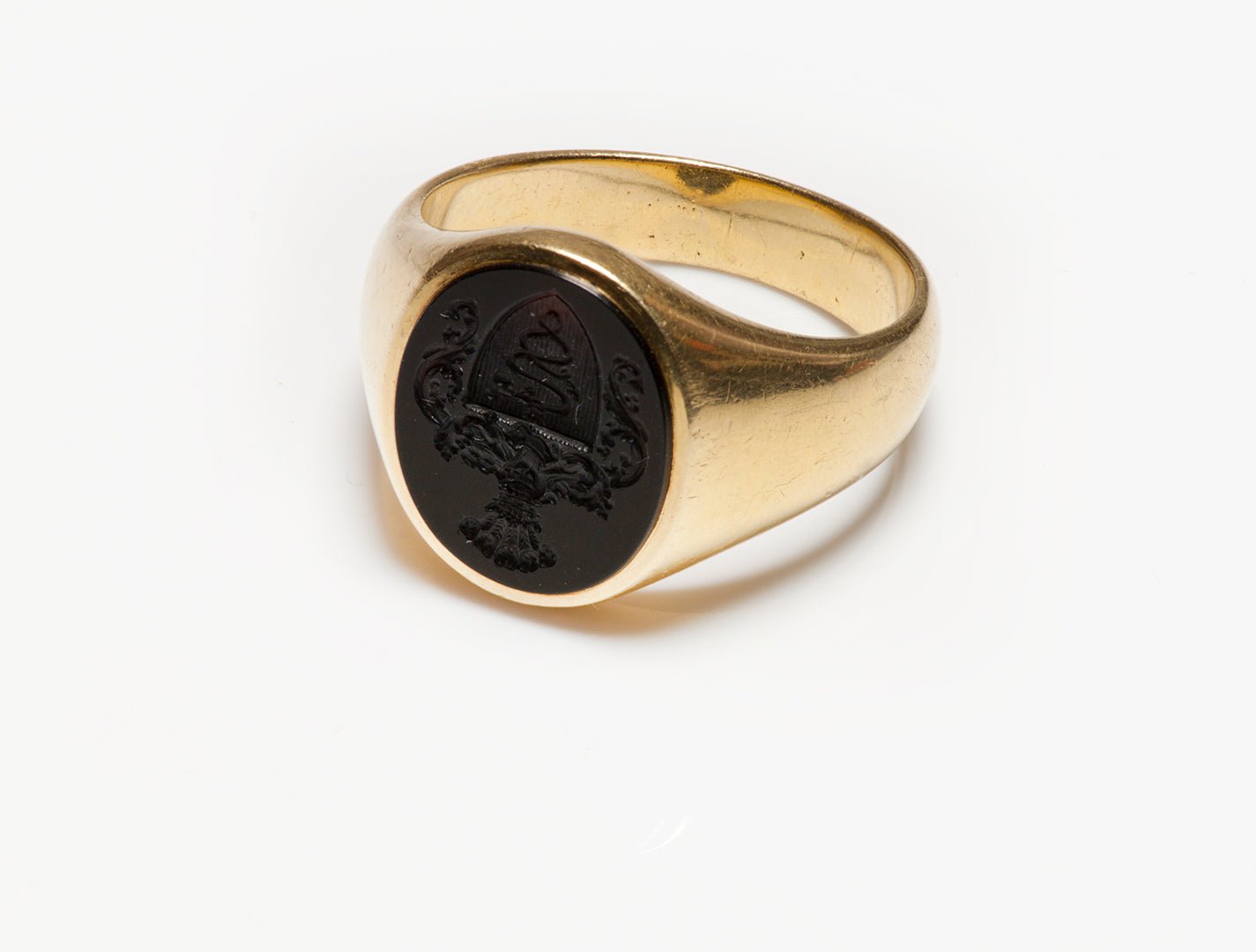 Antique French 18K Yellow Gold Onyx Crest Men's Ring