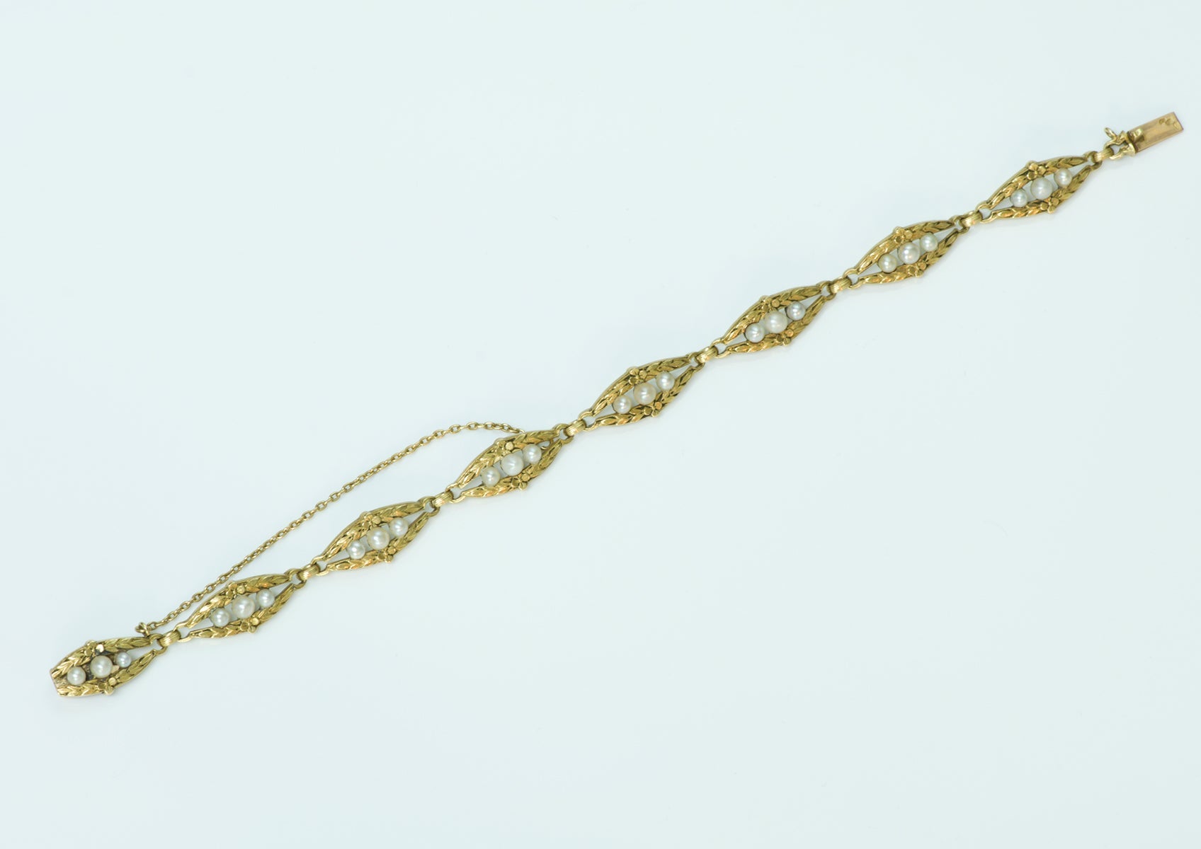 Antique French Carved 18K Yellow Gold Pearl Bracelet