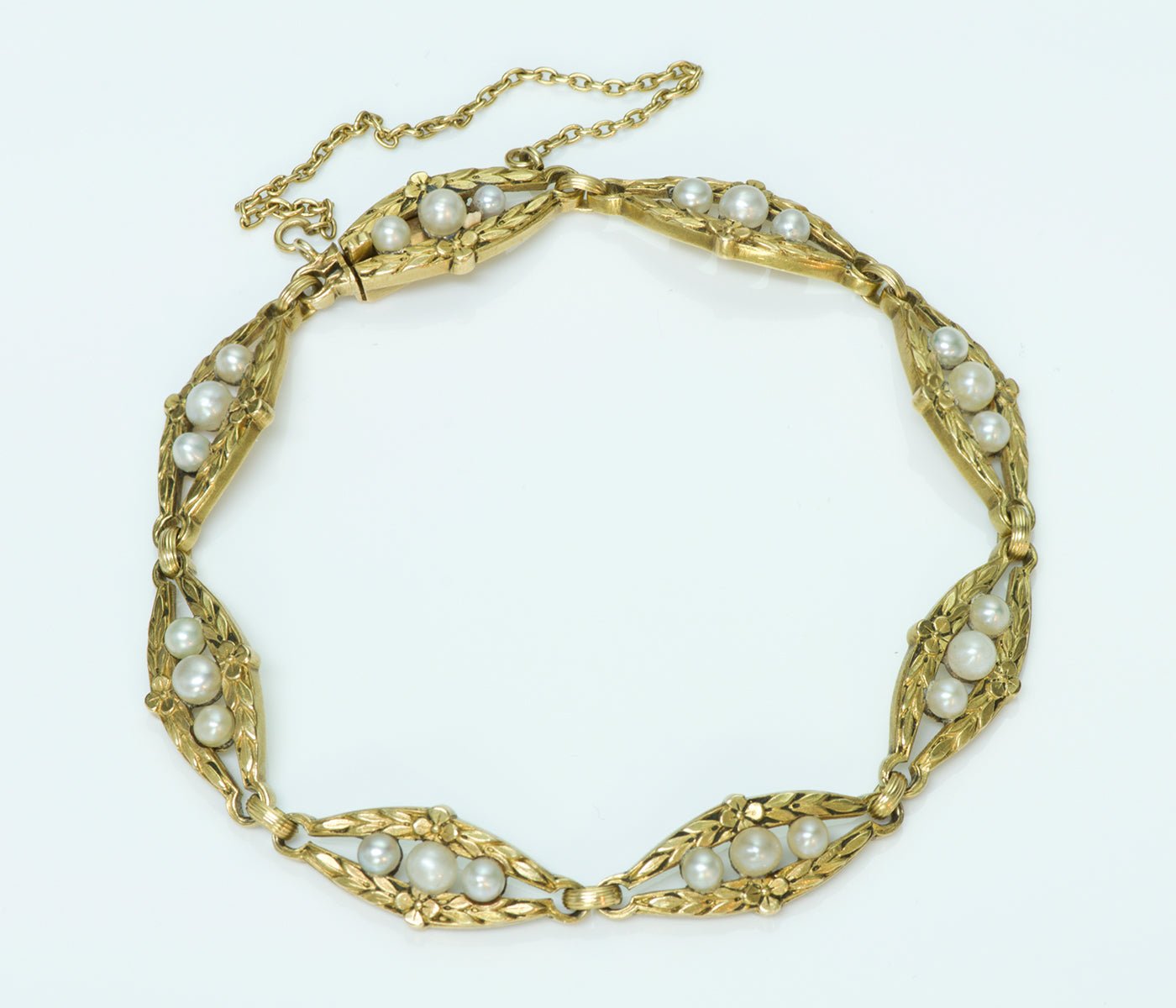 Antique French Carved 18K Yellow Gold Pearl Bracelet