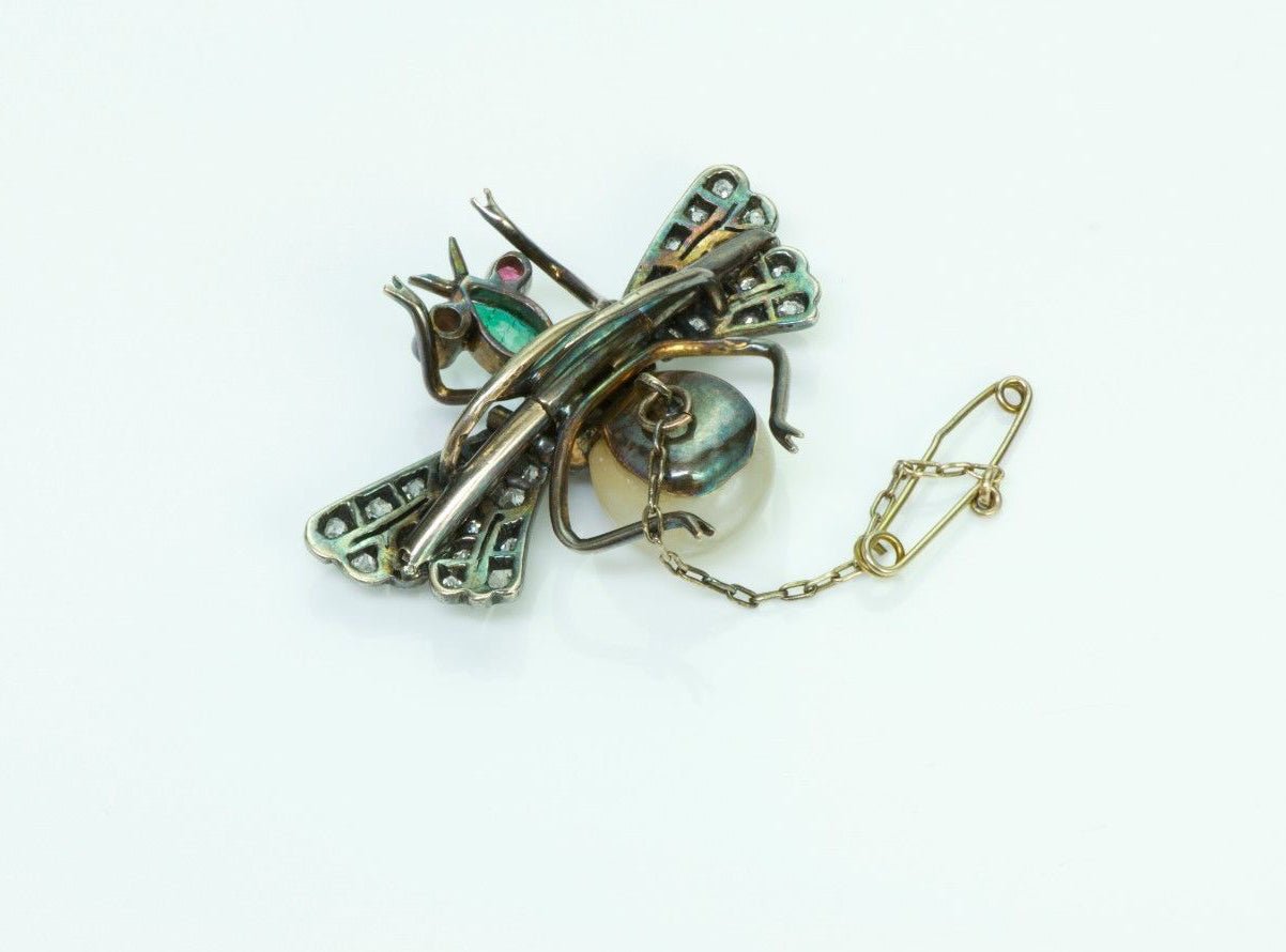 Antique French Diamond Emerald Pearl Ruby Silver Fly Pin Brooch