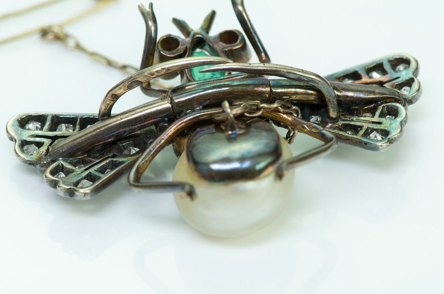 Antique French Diamond Emerald Pearl Ruby Silver Fly Pin Brooch