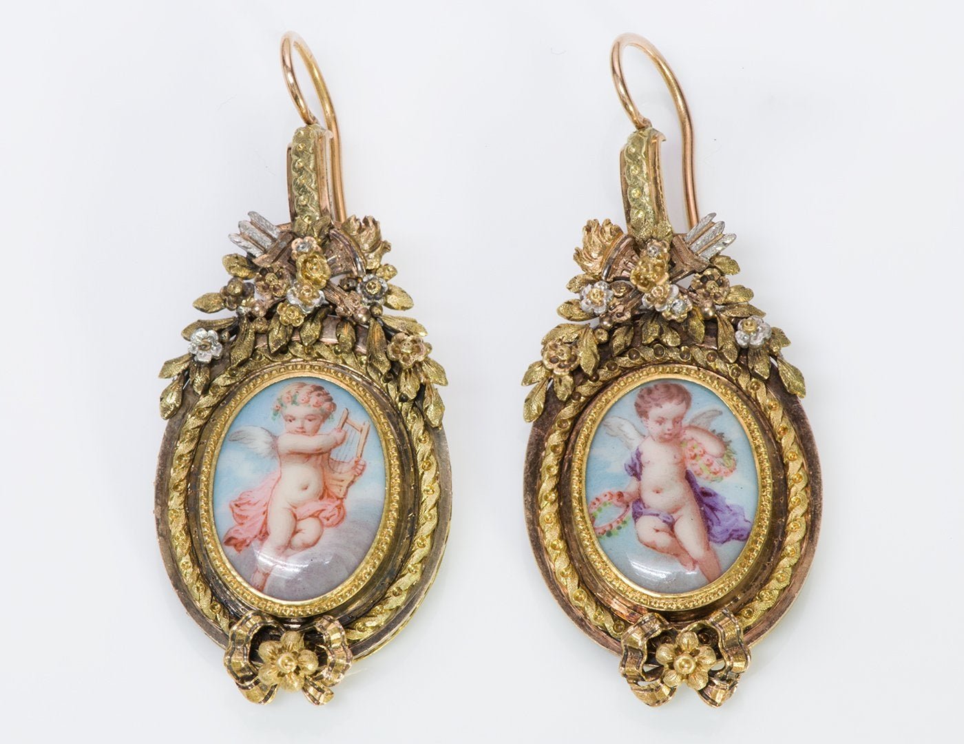 Antique French Gold Cupids Enamel Earrings Pendant Brooch