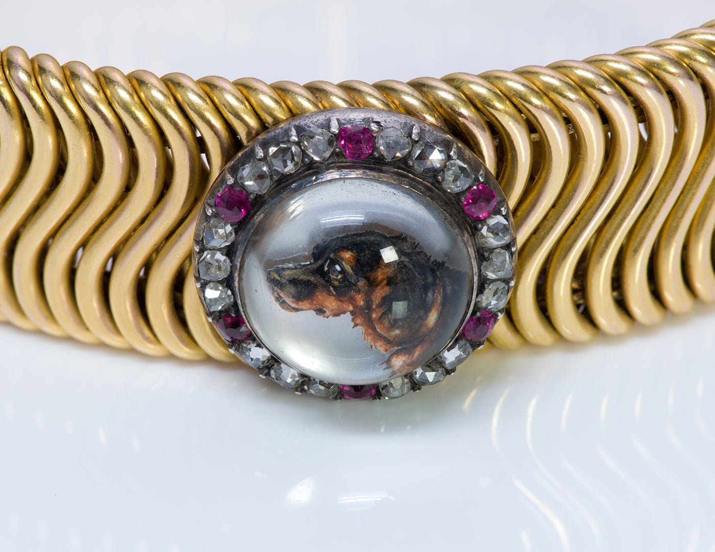 Antique French Reverse Crystal Dog 18K Gold Ruby Diamond Bracelet