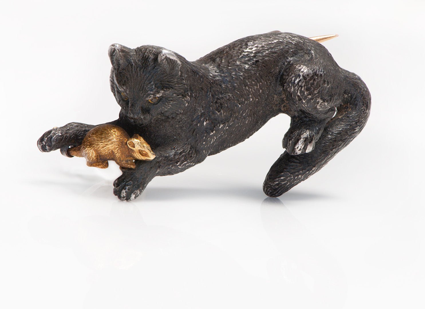 Antique French Silver Gold Cat & Mouse Brooch