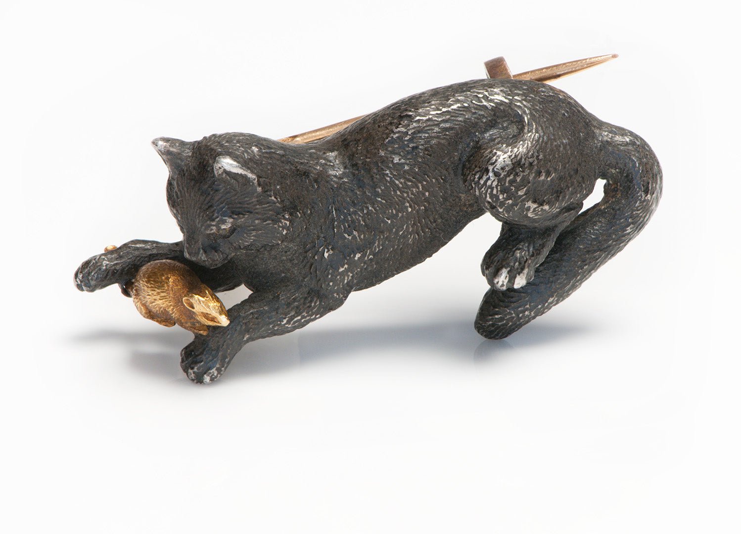 Antique French Silver Gold Cat & Mouse Brooch