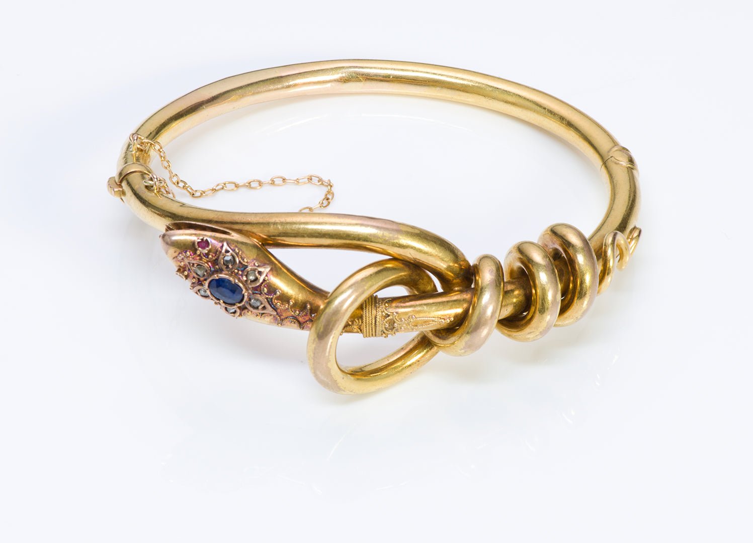Antique French Victorian Gold Sapphire Diamond Ruby Snake Bangle Bracelet