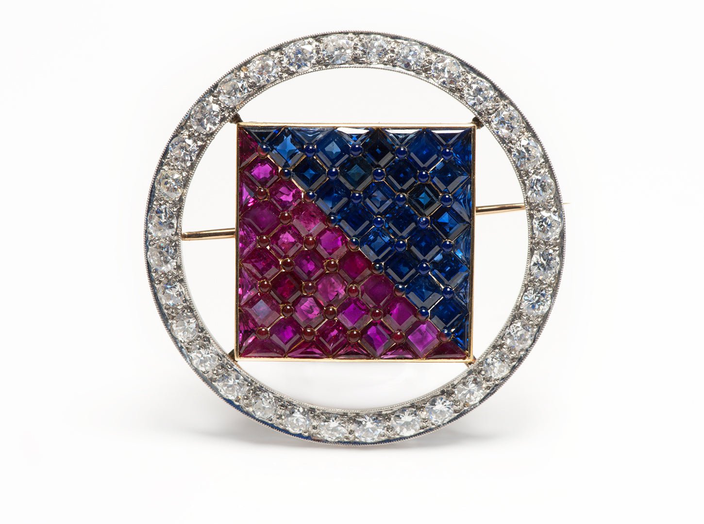 Antique Gemstone Ruby Diamond Sapphire Red White Blue Brooch