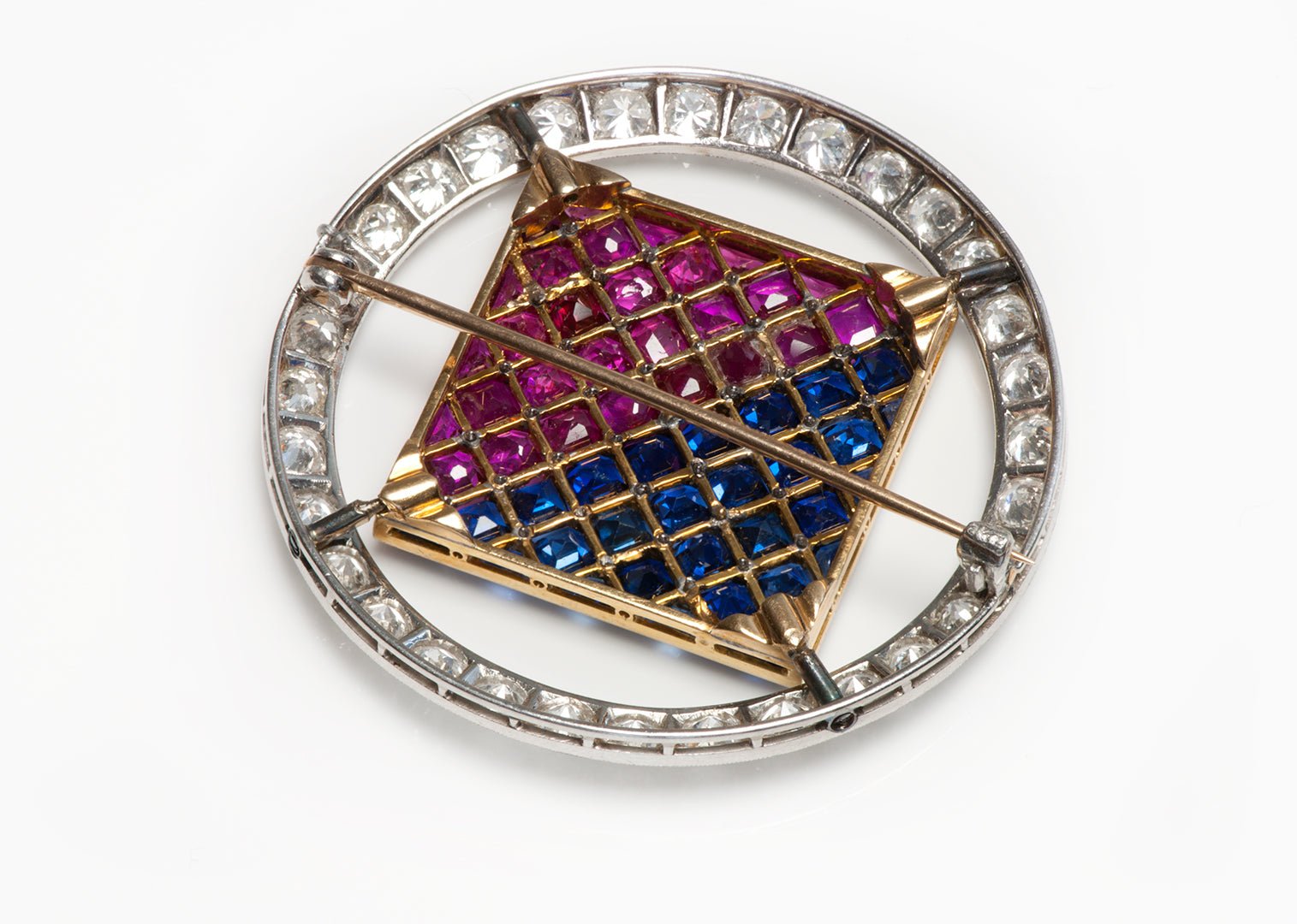 Antique Gemstone Ruby Diamond Sapphire Red White Blue Brooch