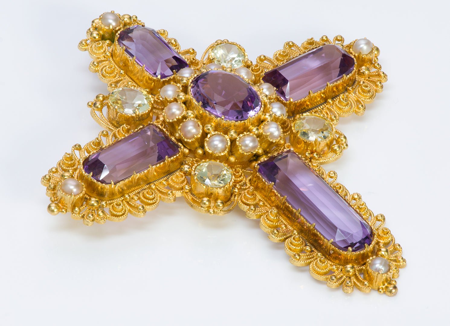 Antique Georgian Gold Amethyst Chrysolite Pearl Cross Pendant