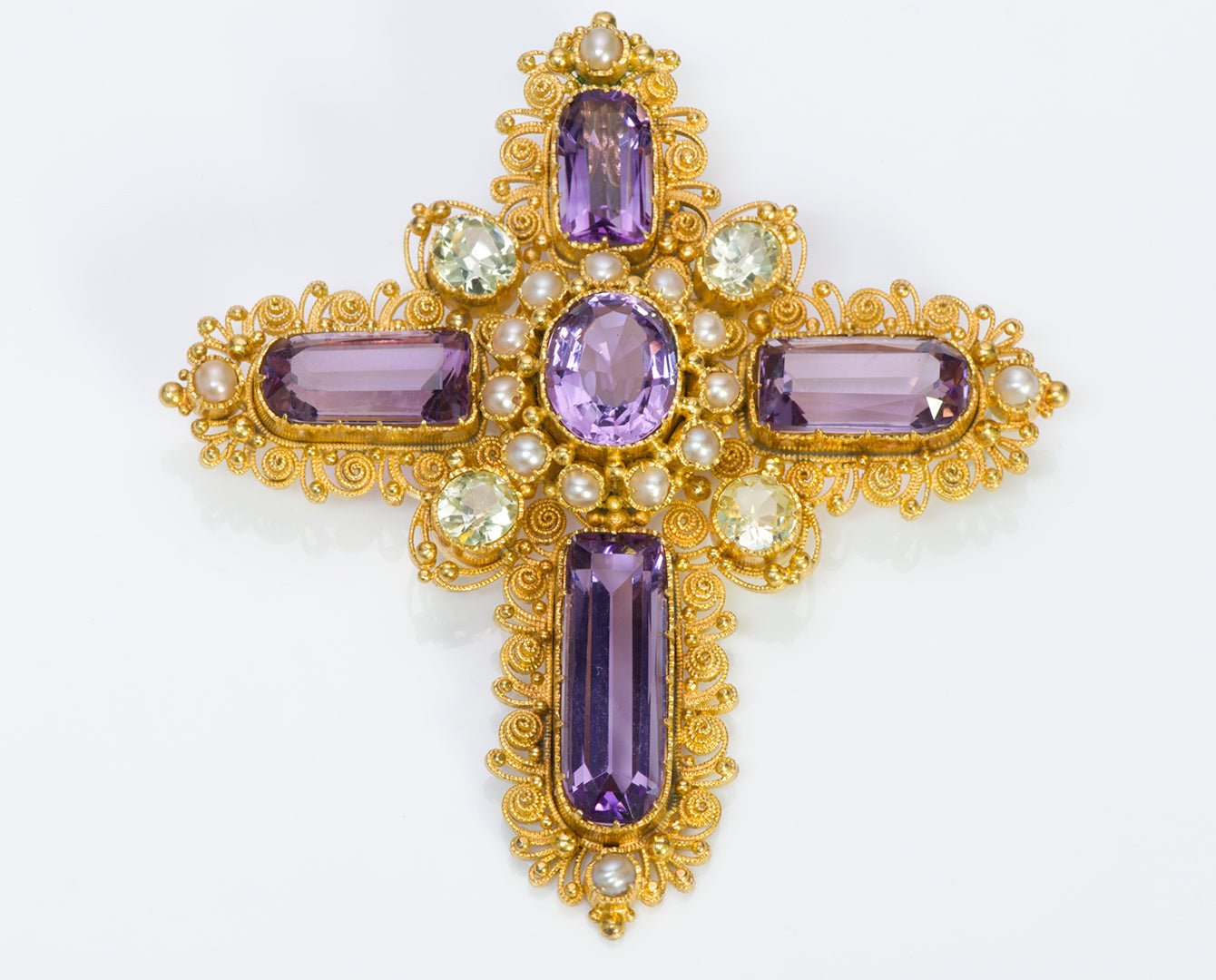 Antique Georgian Gold Amethyst Chrysolite Pearl Cross Pendant