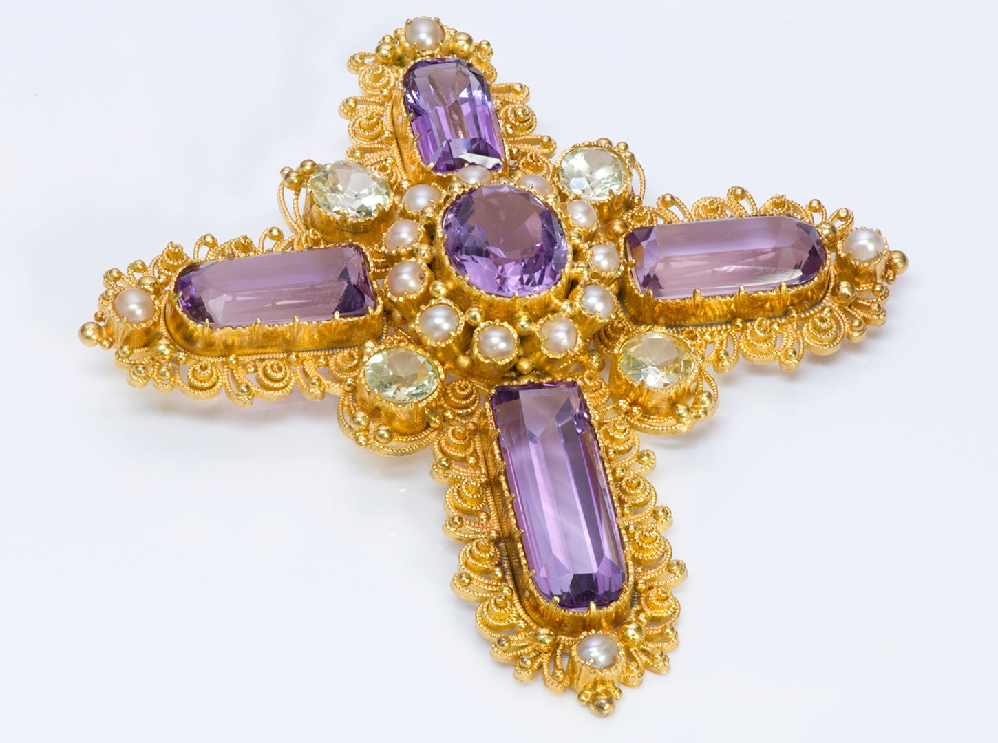 Antique Georgian Gold Amethyst Chrysolite Pearl Cross Pendant