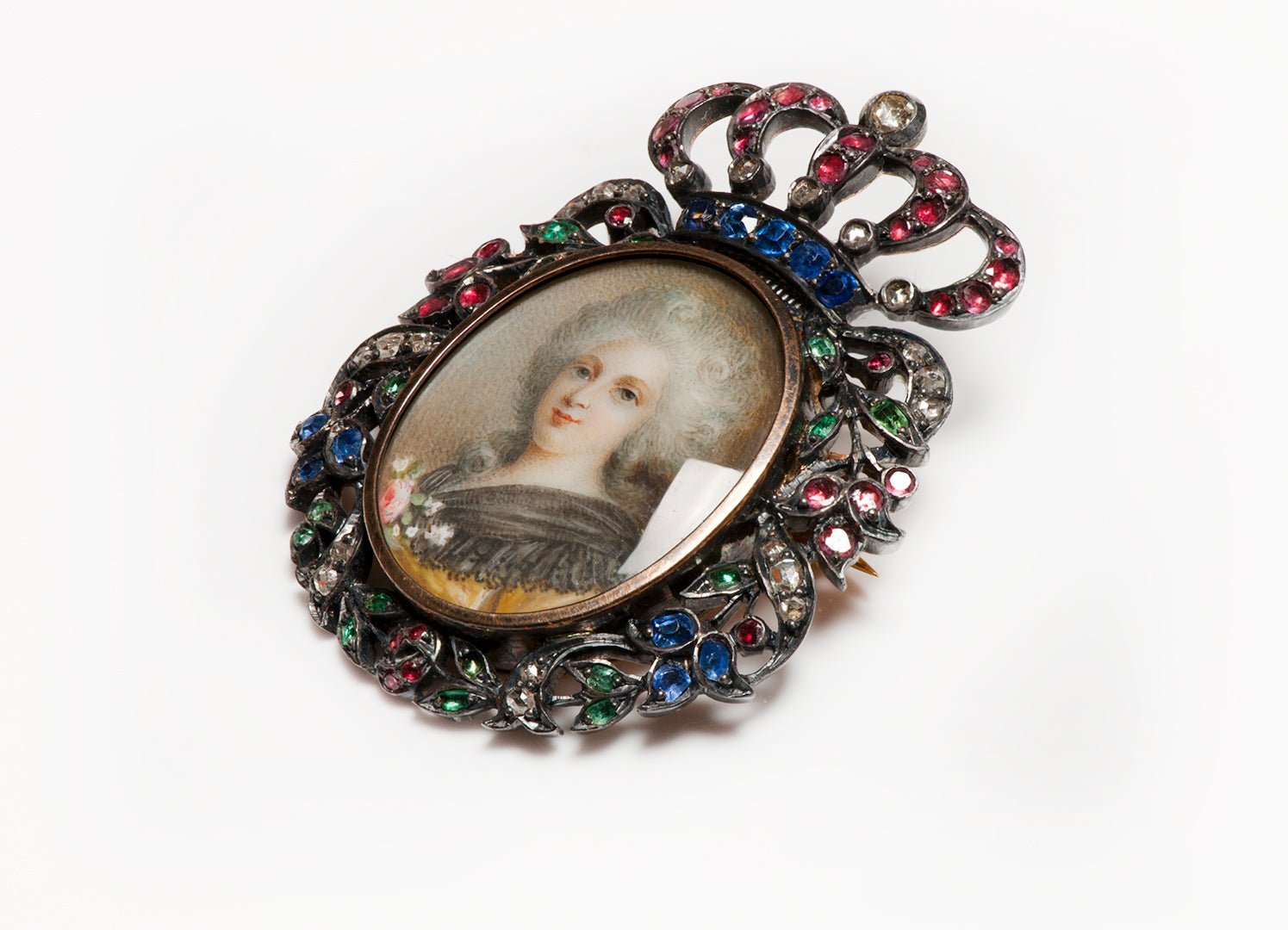 Antique Georgian Ruby Emerald Sapphire Diamond Lady Portrait Crown Brooch