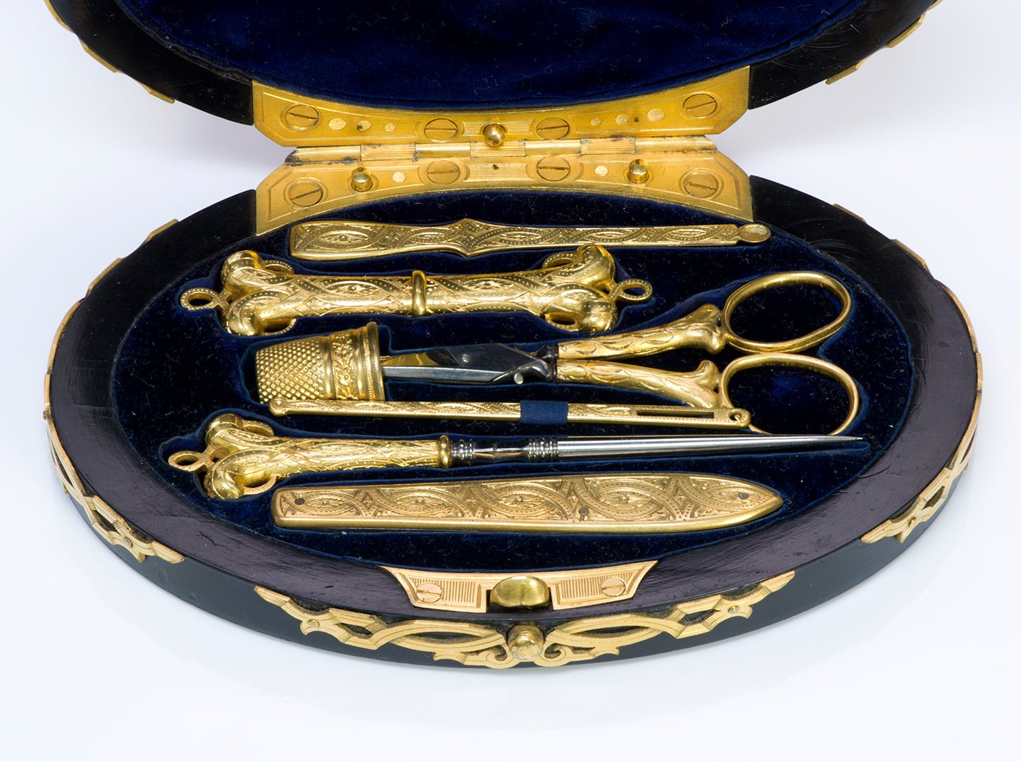 Antique Gilt Bronze Jeweled Agate Sewing Kit