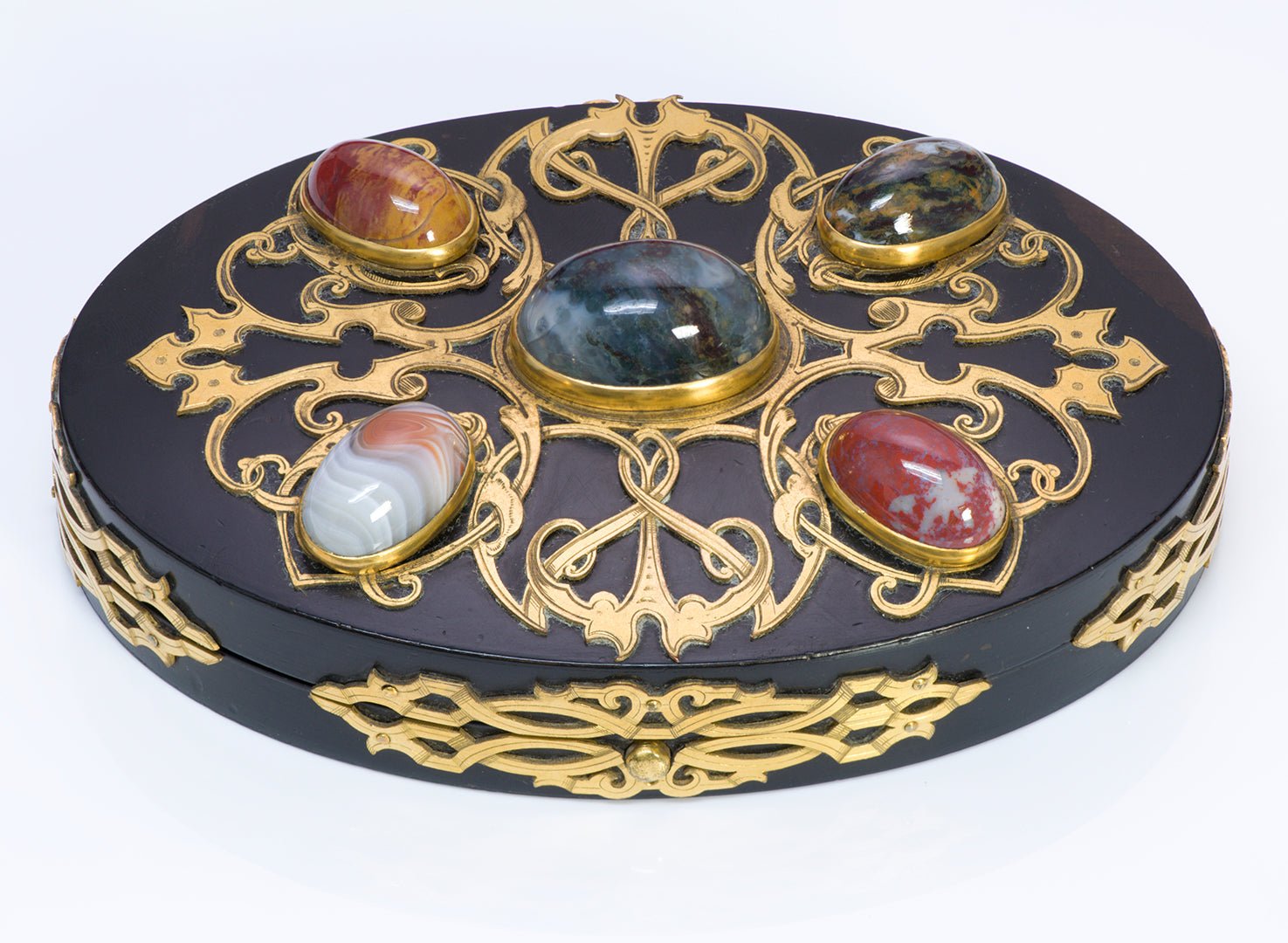 Antique Gilt Bronze Jeweled Agate Sewing Kit