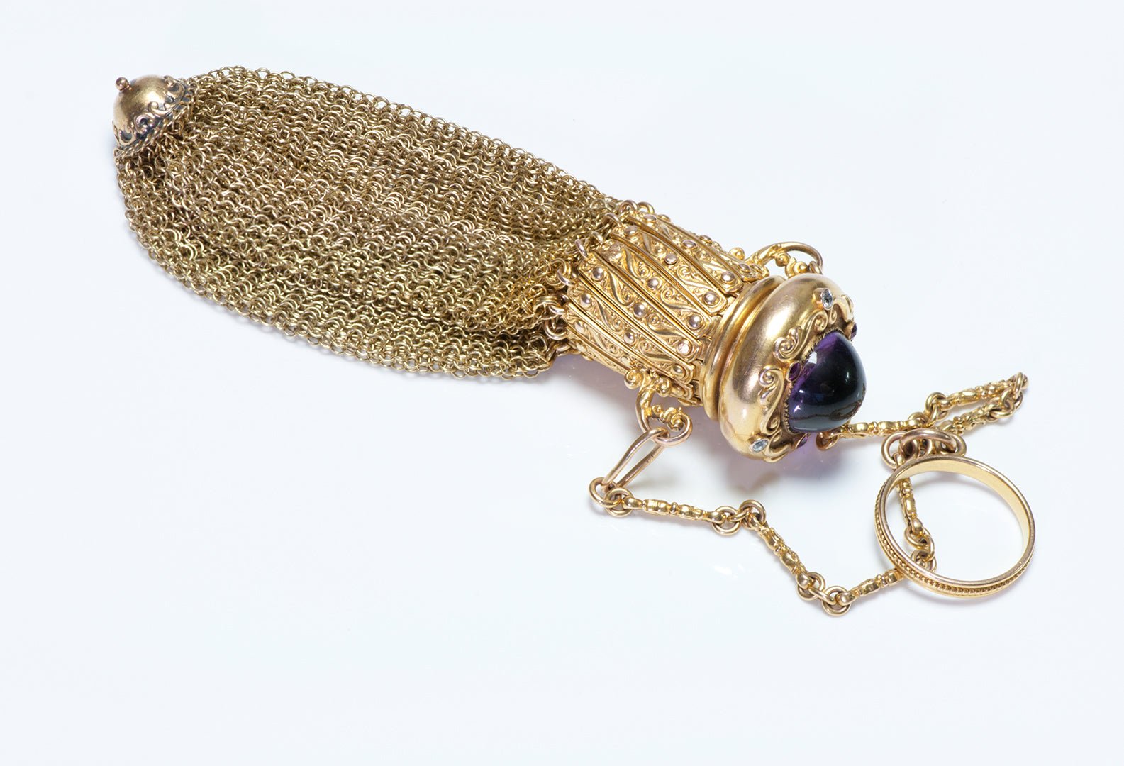 Antique Gold Amethyst Diamond Ruby Mesh Expandable Purse
