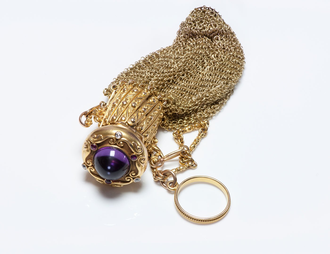 Antique Gold Amethyst Diamond Ruby Mesh Expandable Purse