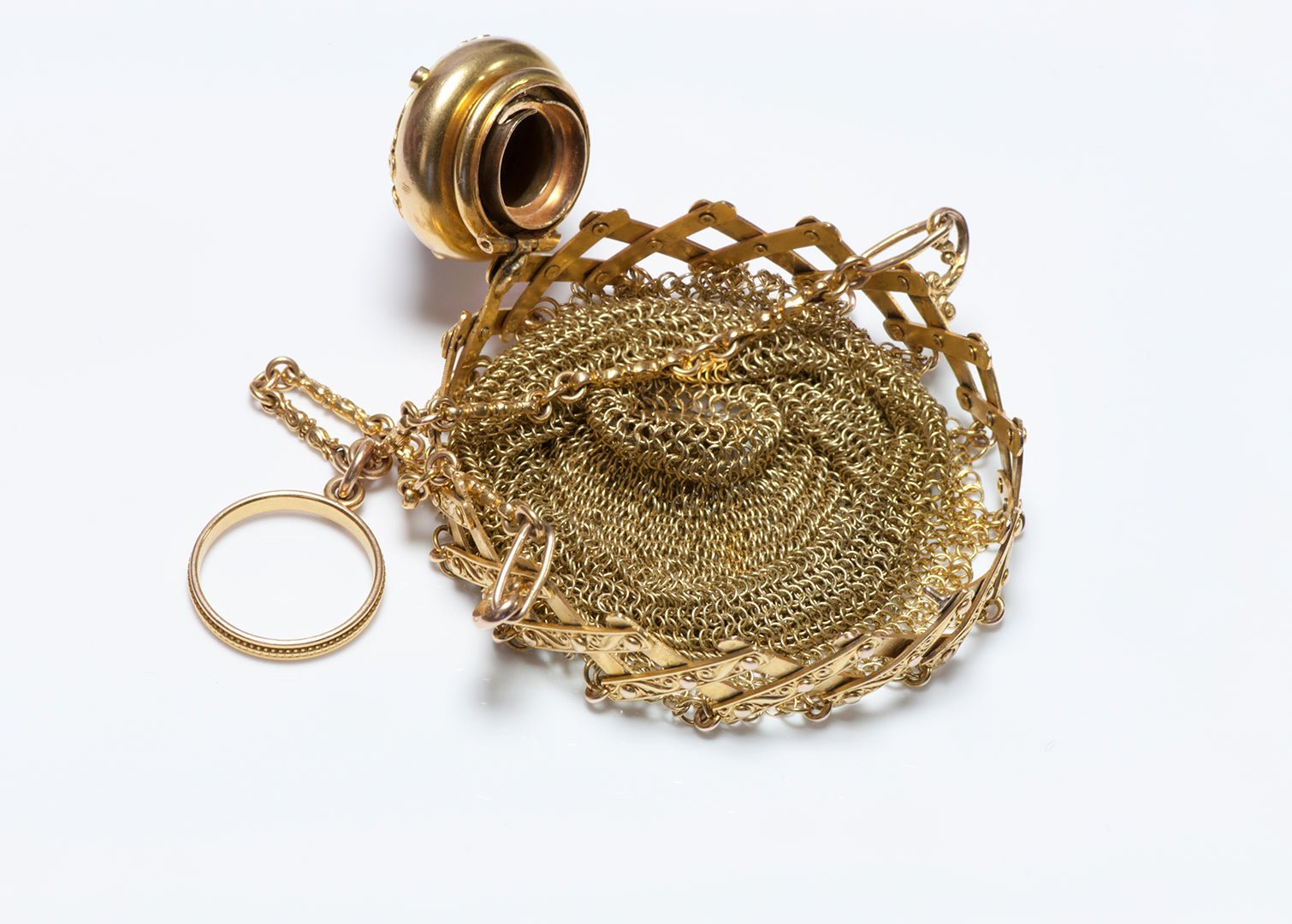 Antique Gold Amethyst Diamond Ruby Mesh Expandable Purse