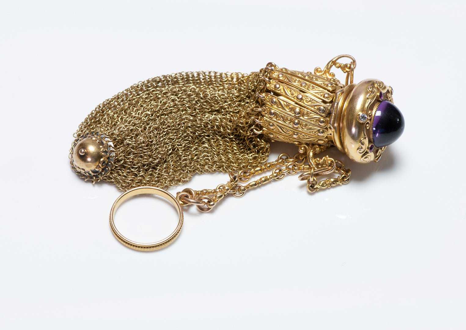 Antique Gold Amethyst Diamond Ruby Mesh Expandable Purse