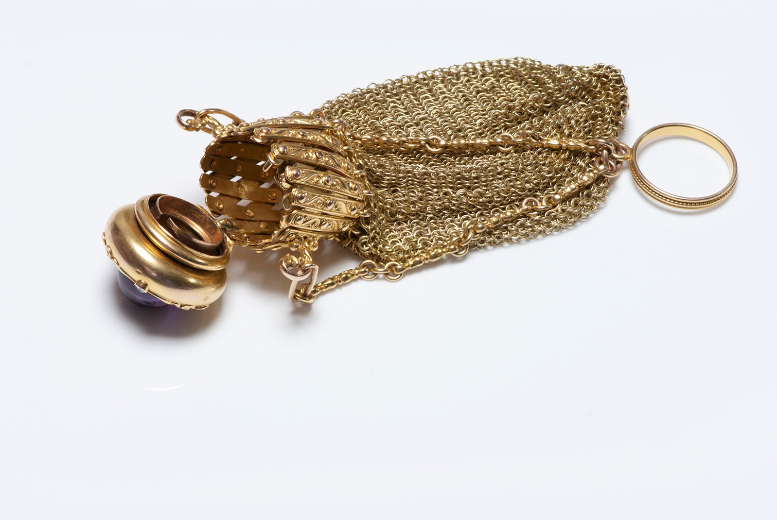 Antique Gold Amethyst Diamond Ruby Mesh Expandable Purse