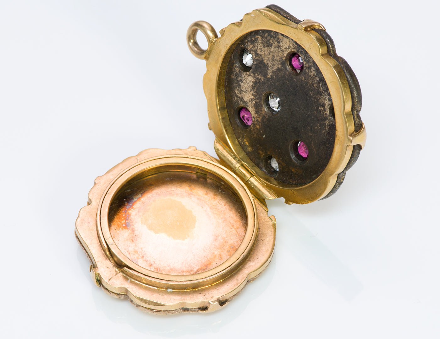 Antique Gold Ancient Coin & Iron Fob Pendant Locket Inset with Ruby Diamond