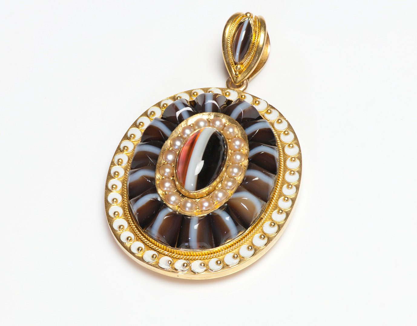 Antique Gold Banded Agate Pearl Enamel Locket Pendant