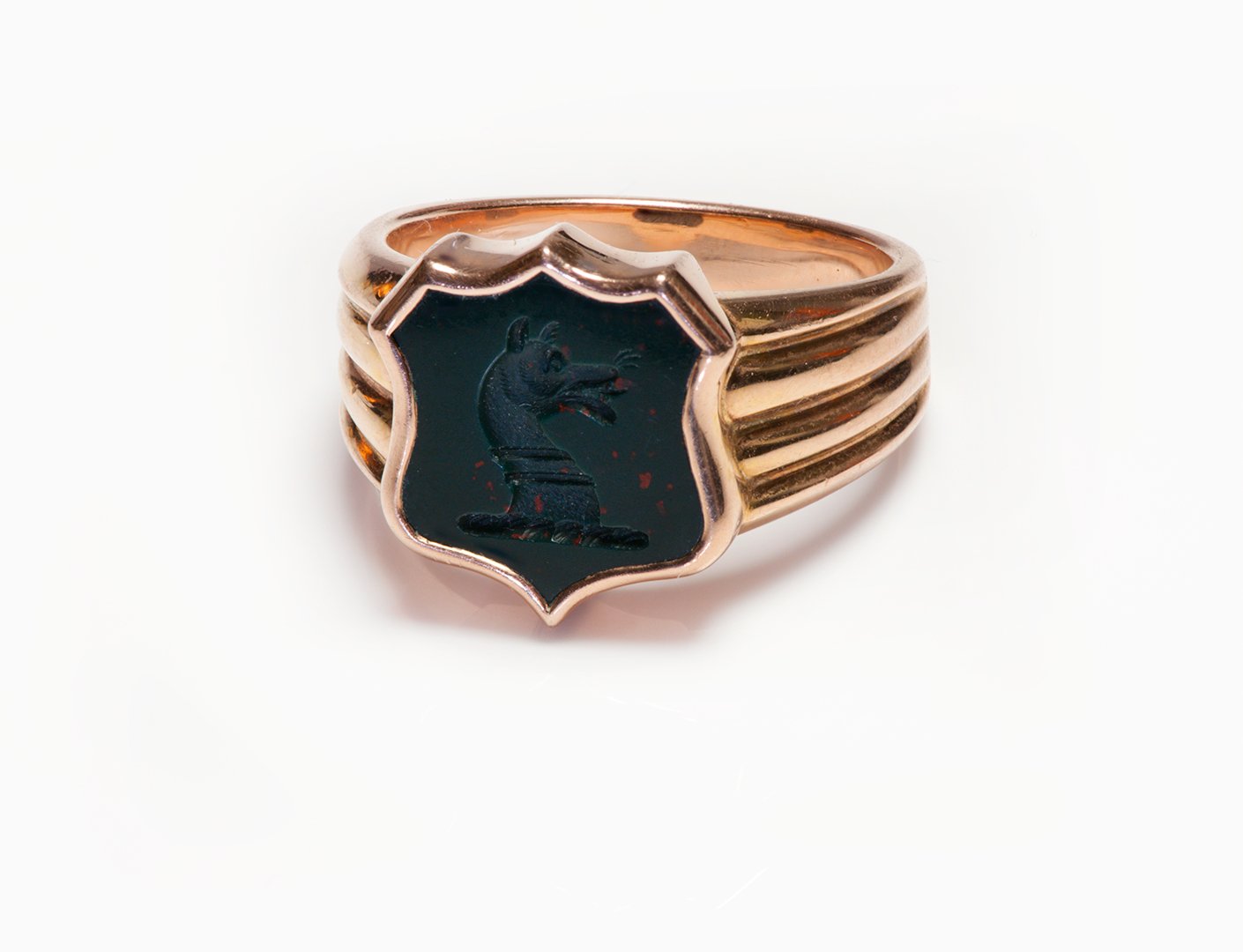 Antique Gold Bloodstone Crest Shield Men's Ring