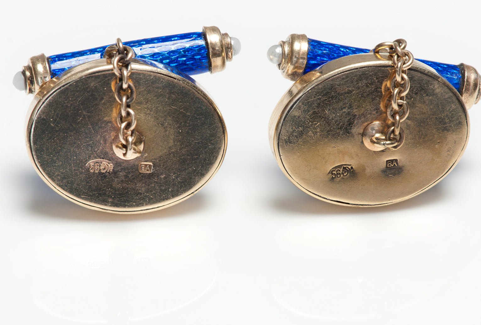 Antique Gold Blue Guilloche Enamel Diamond Pearl Cufflinks