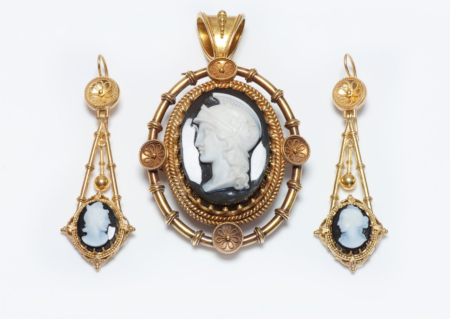 Antique Gold Cameo Earrings & Pendant