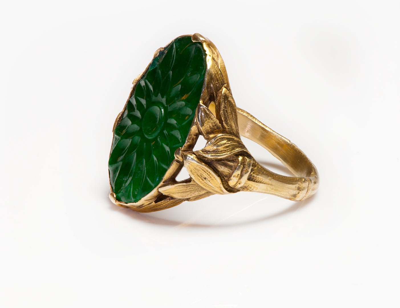Antique Gold Carved Jade Lotus Ring with Buddha