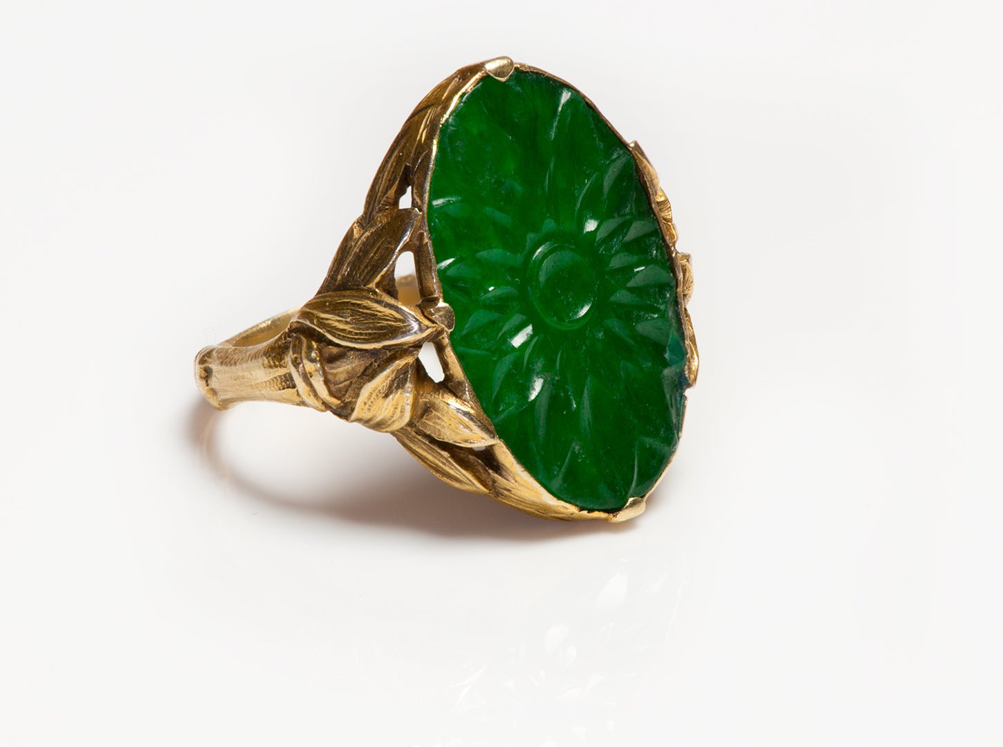 Antique Gold Carved Jade Lotus Ring with Buddha