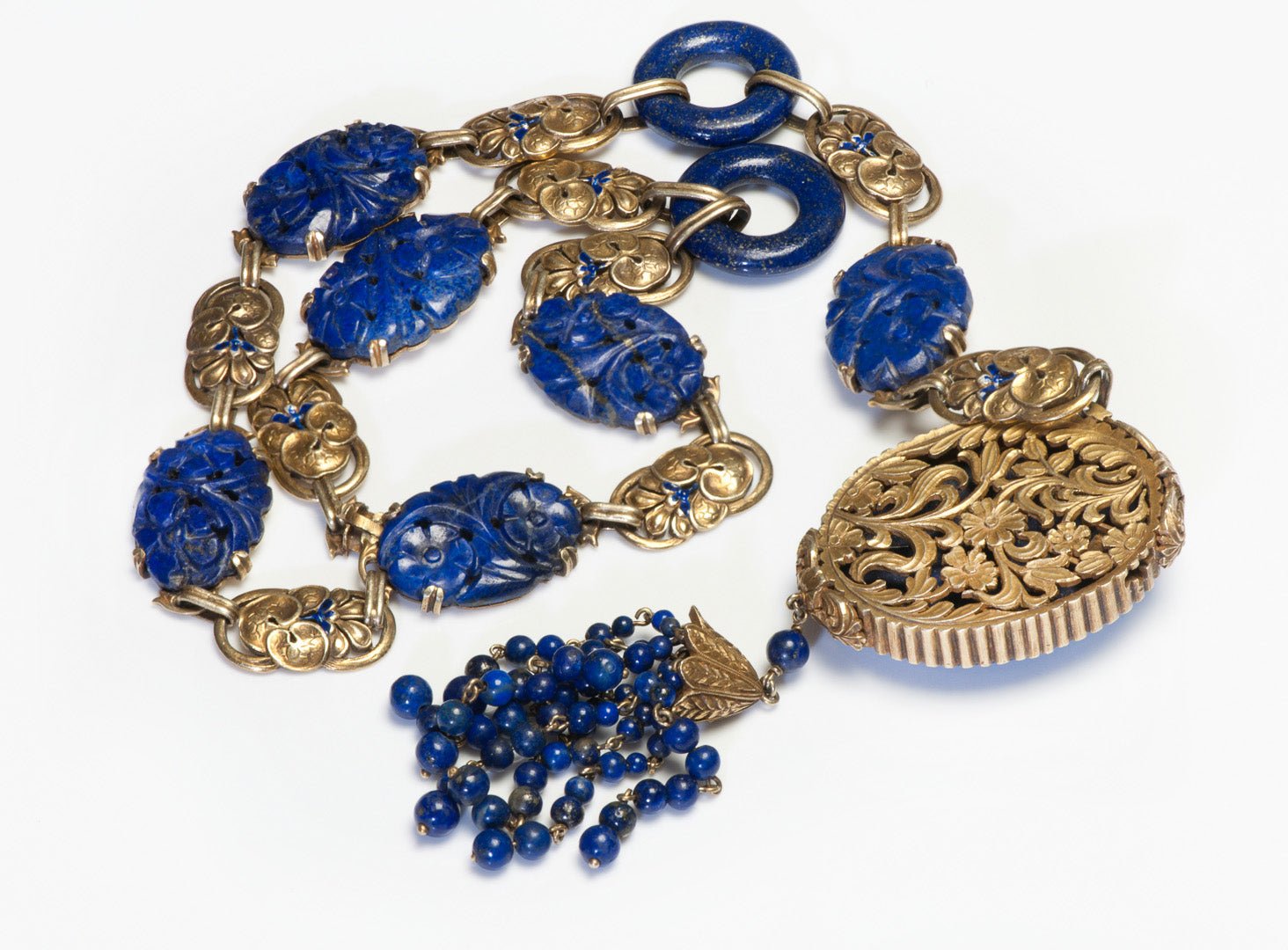 Antique Gold Carved Lapis Cameo Necklace