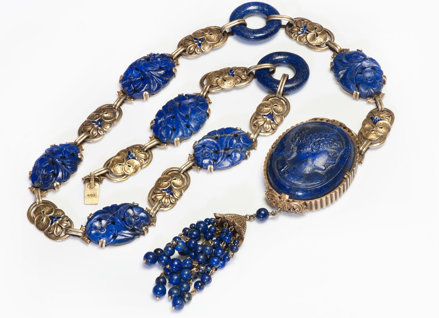 Antique Gold Carved Lapis Cameo Necklace