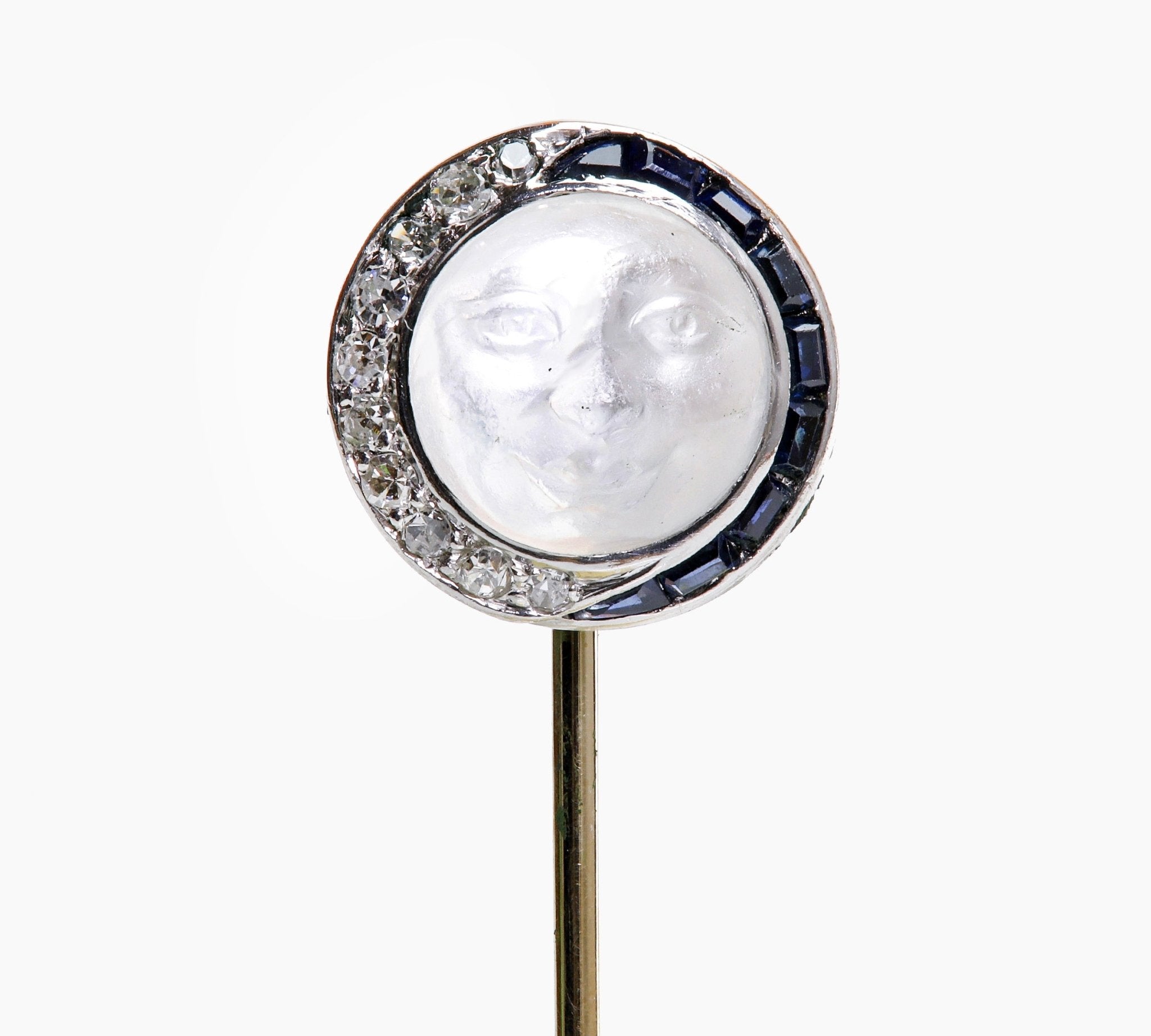 Antique Gold Carved Moonstone Calibre Sapphire Diamond Stick Pin
