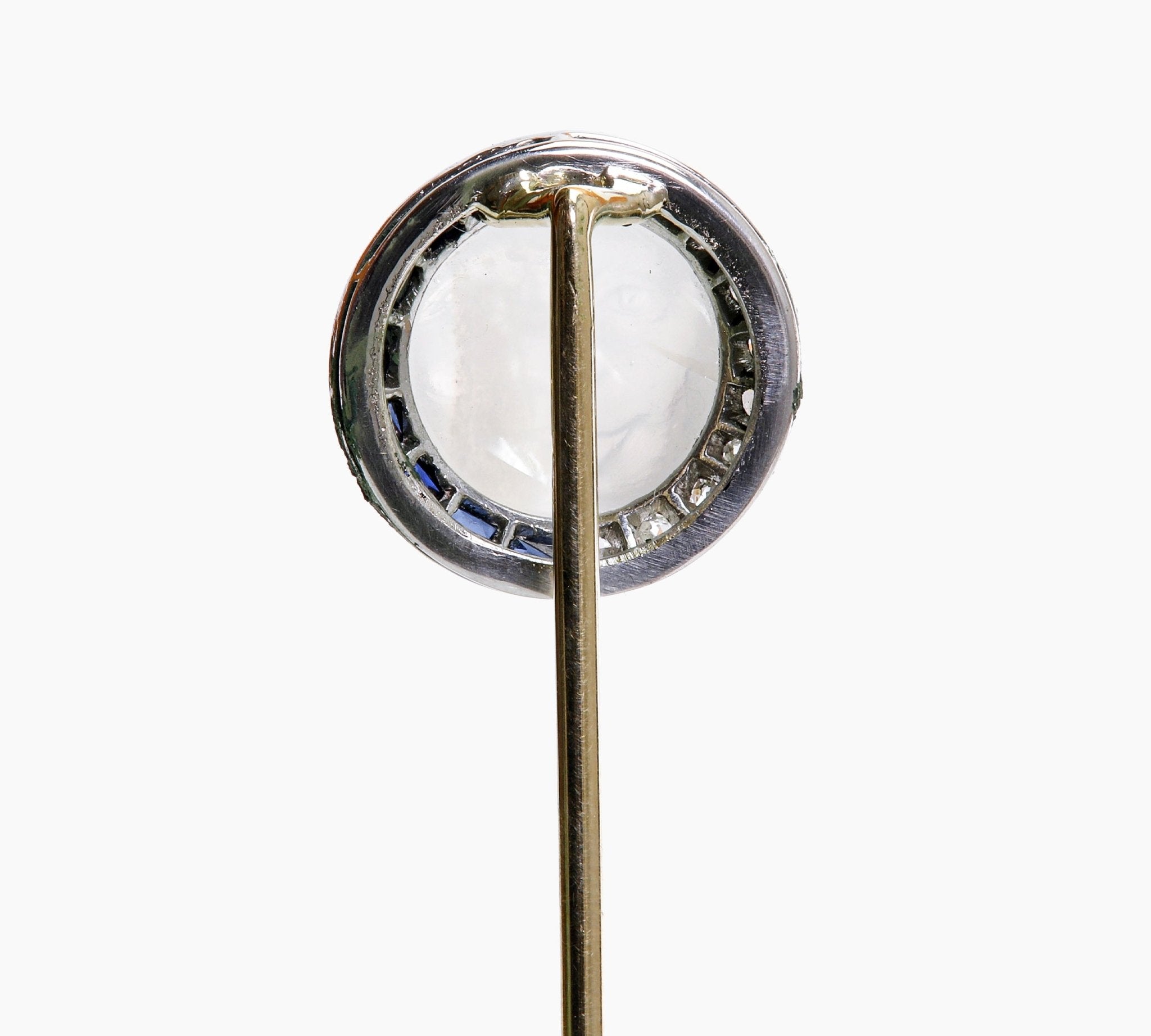 Antique Gold Carved Moonstone Calibre Sapphire Diamond Stick Pin
