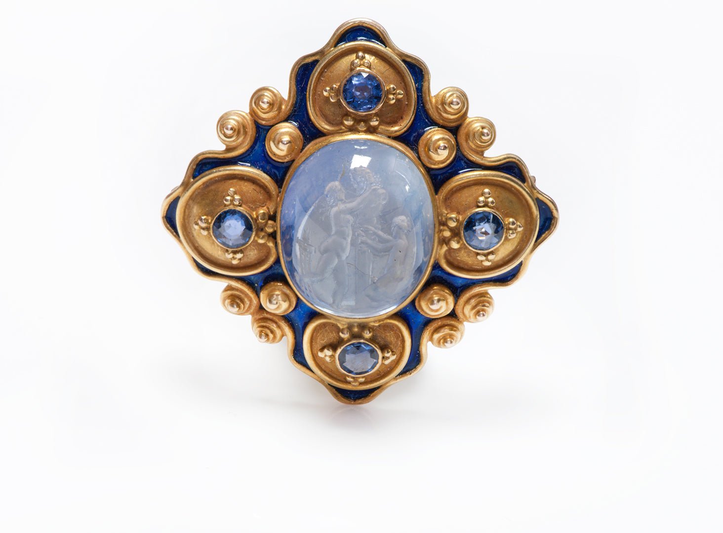 Antique Gold Carved Sapphire Intaglio Enamel Pendant Brooch