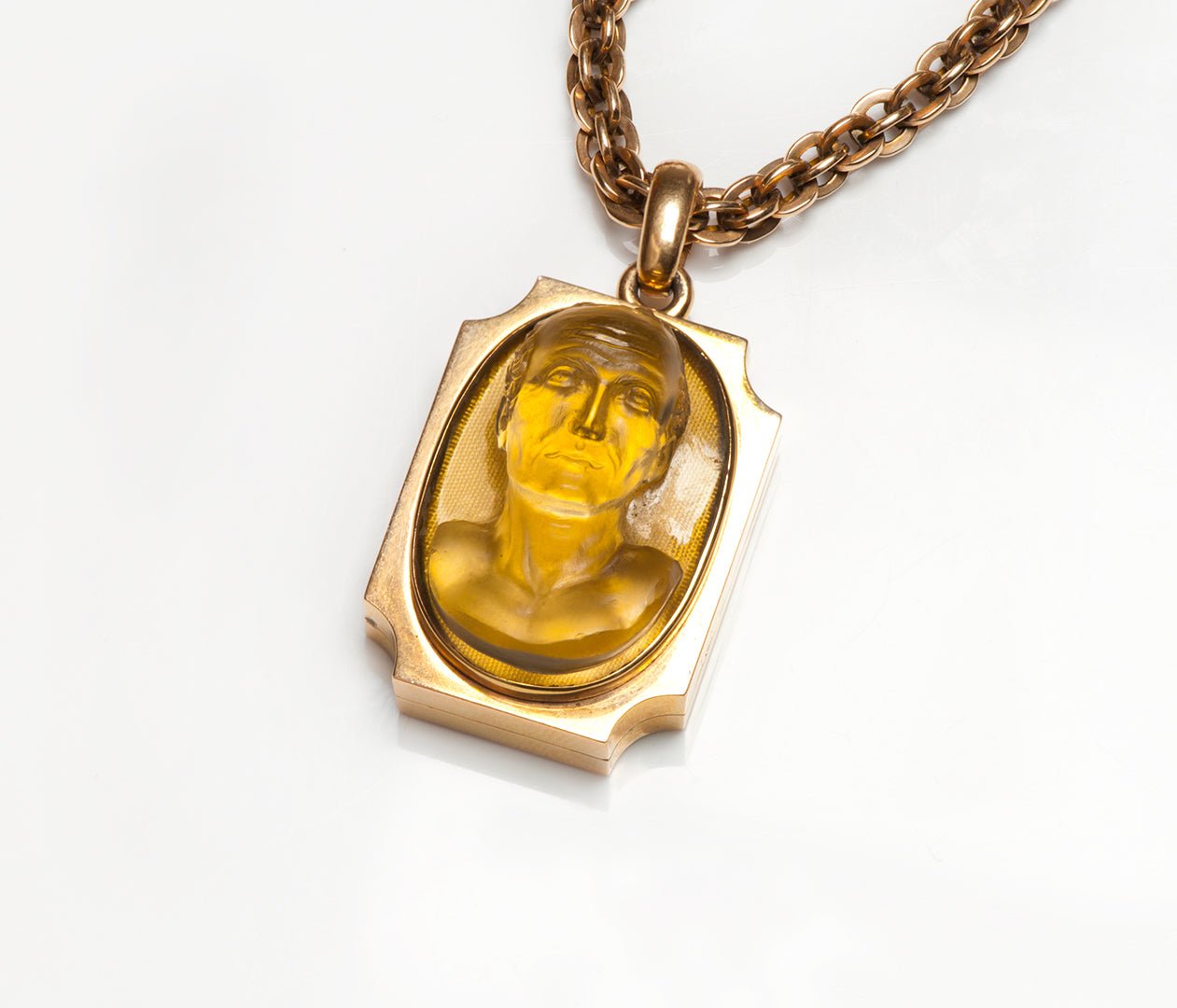 Antique Gold Citrine Cameo Roman Lucius Annaeus Seneca Locket Chain Pendant