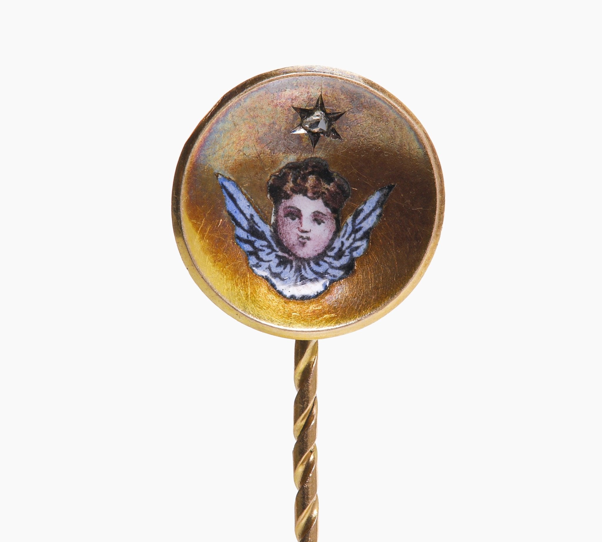 Antique Gold Diamond Enamel Cherub Stick Pin
