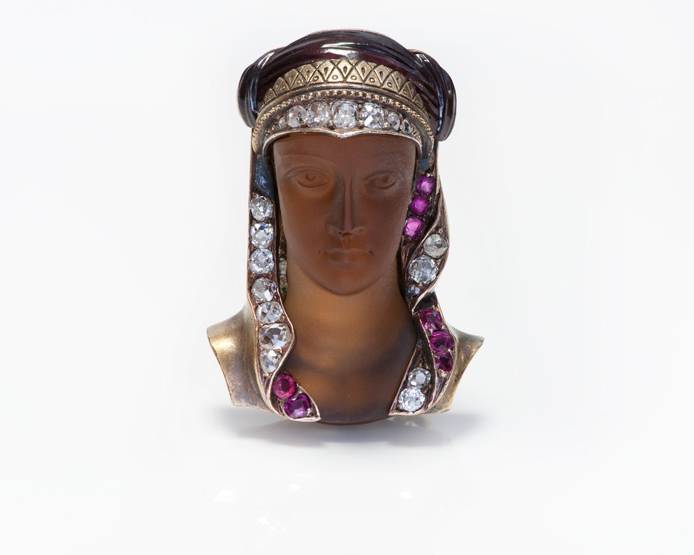 Antique Gold Diamond Ruby Carved Stone Pendant Brooch