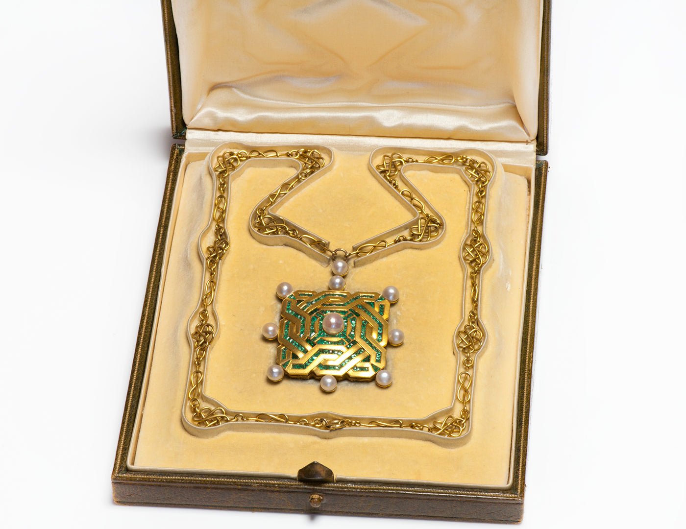 Antique Gold Emerald Pearl Juvenia Watch Pendant and Chain