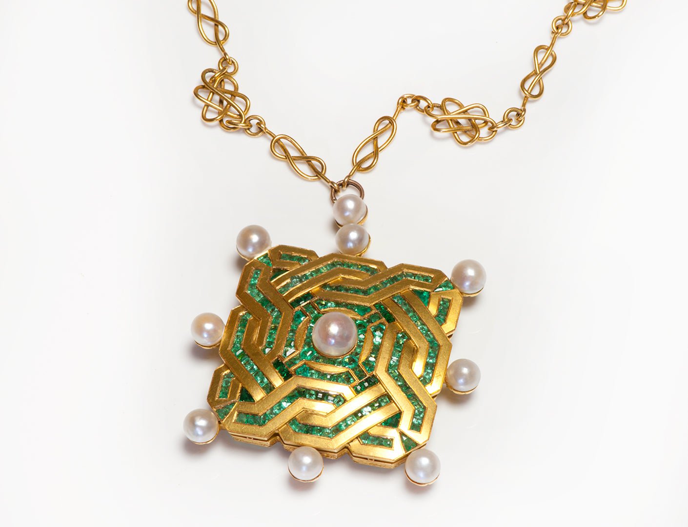 Antique Gold Emerald Pearl Juvenia Watch Pendant and Chain