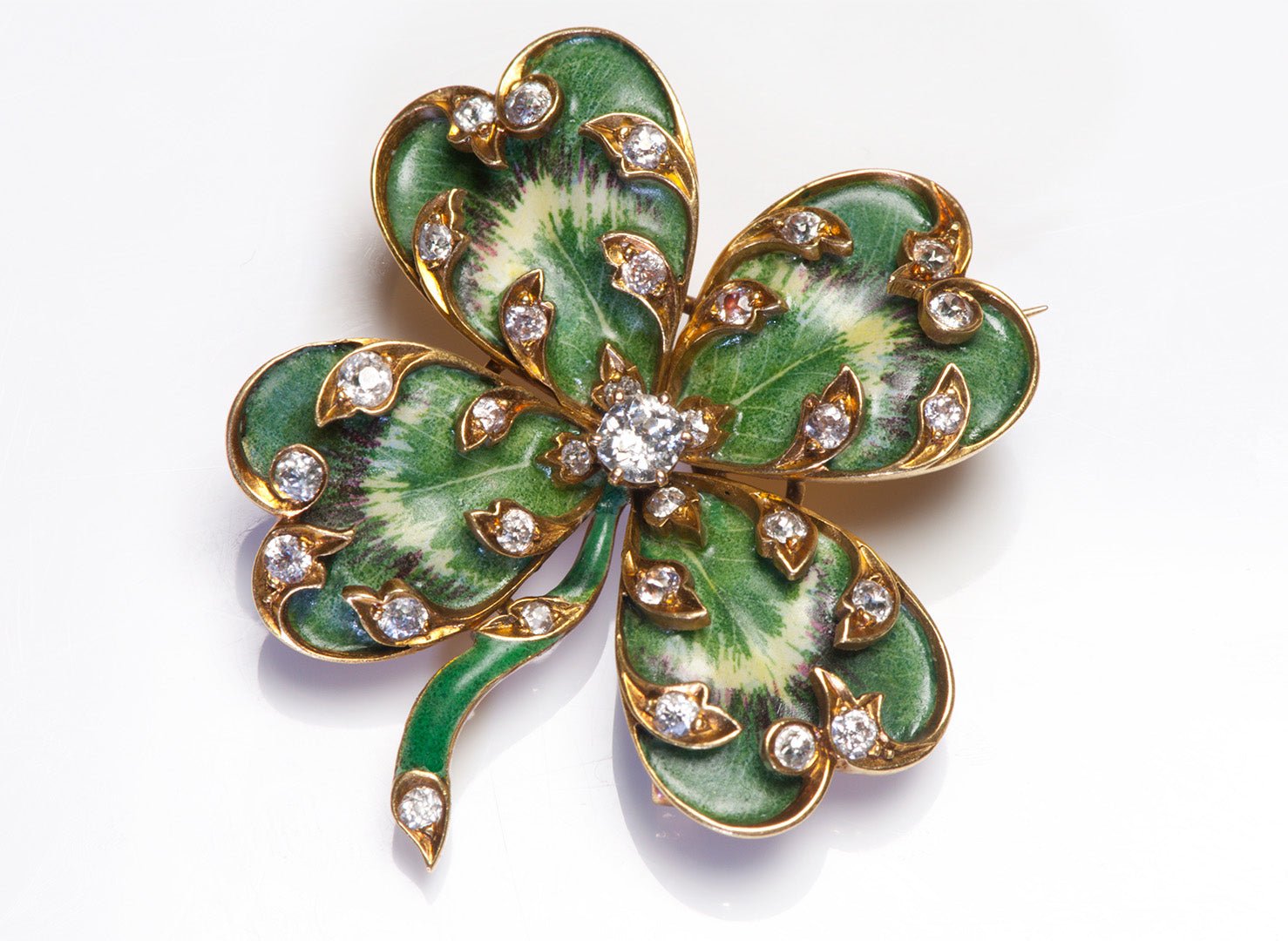 Antique Gold Enamel Diamond Clover Brooch