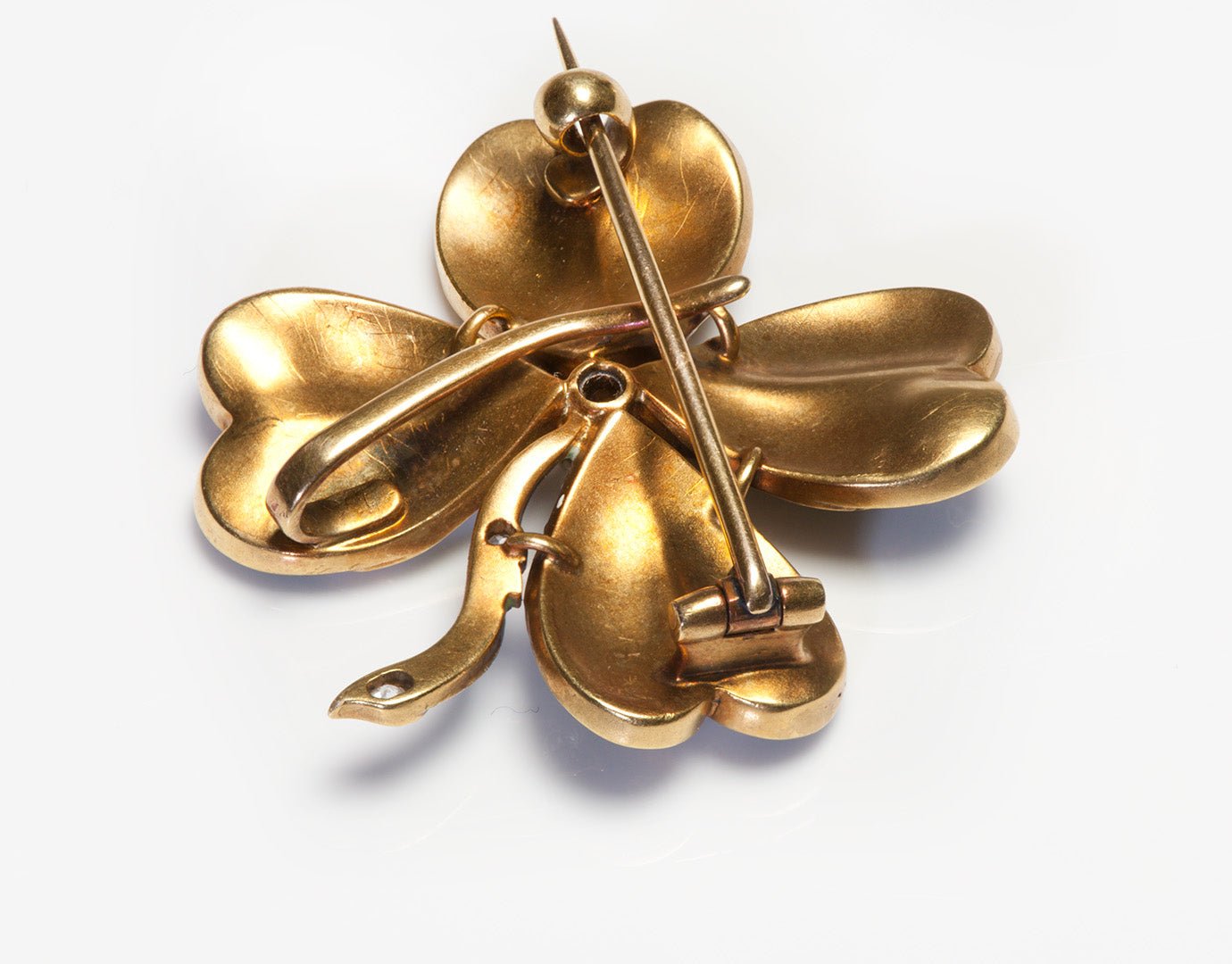 Antique Gold Enamel Diamond Clover Brooch