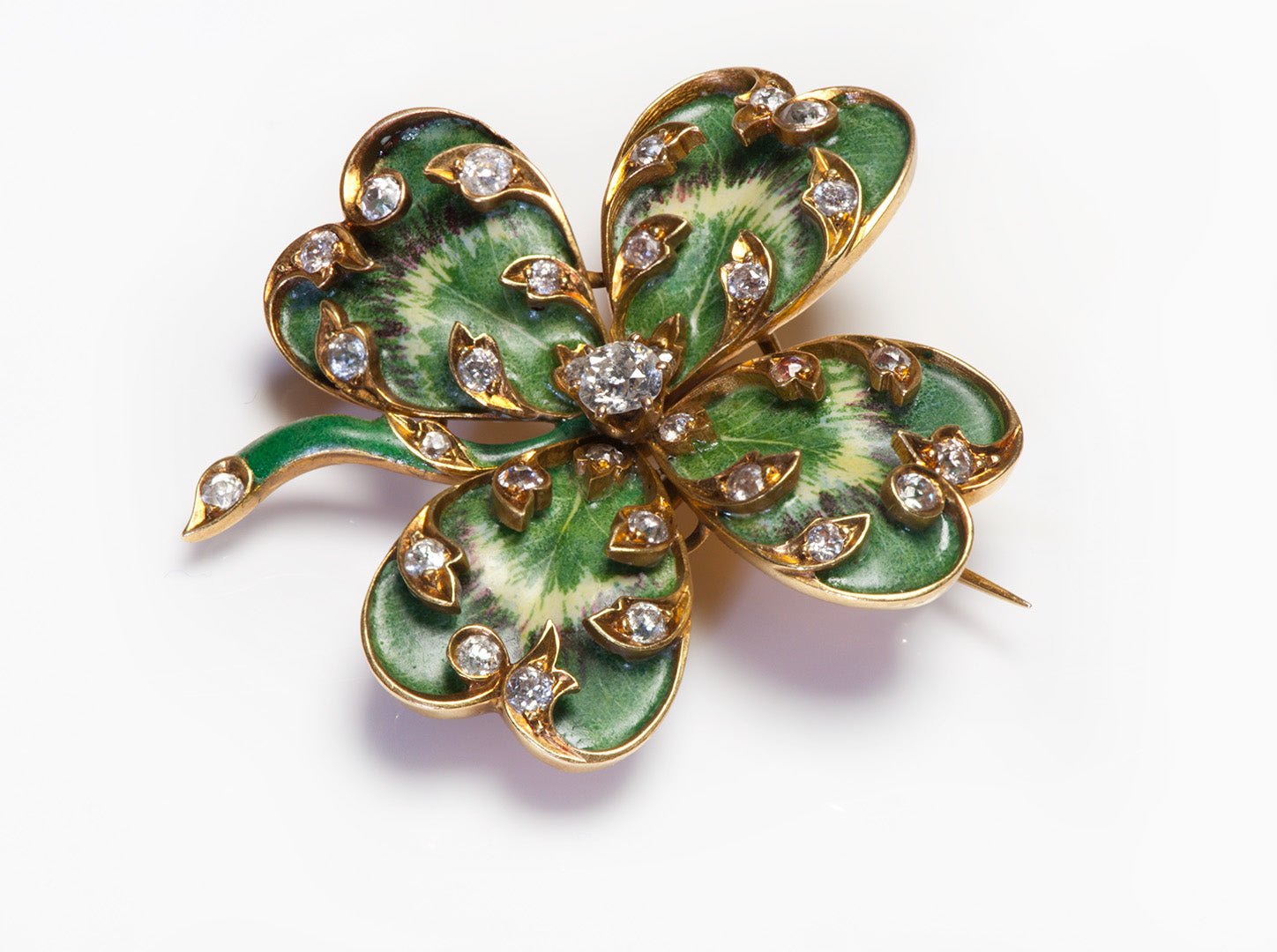 Antique Gold Enamel Diamond Clover Brooch